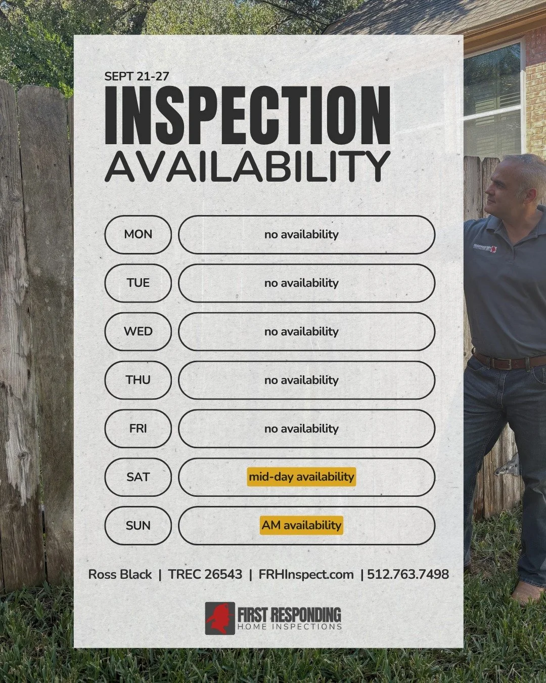 Wow! The coming week is BUSY! But since Ross works weekends, he can get another inspection (maybe 2) on the calendar. If you need next Saturday or Sunday, book it ASAP. FRHInspect.com to learn about our services and schedule your inspection. #atxreal