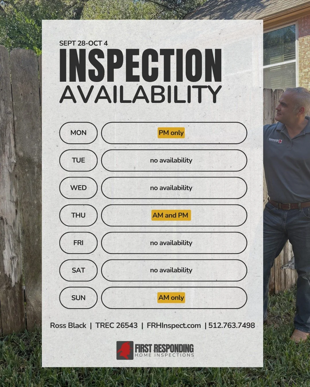 The week ahead is already filling up! If you need that spot tomorrow afternoon, please call/text ASAP to schedule. #homeinspector #homeinspection #atxrealestate  #5stargooglereviews #roundrocksmallbusiness