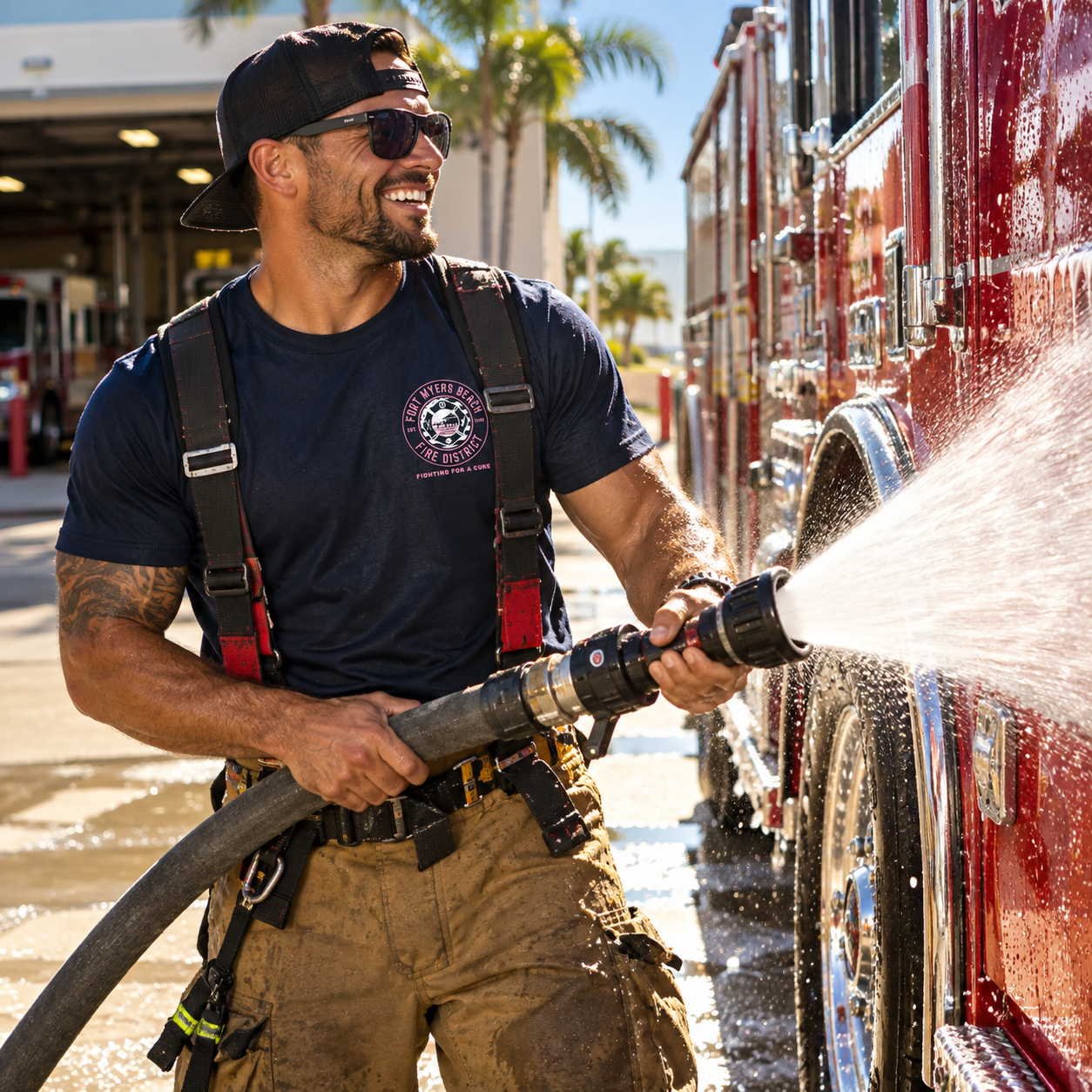 Firefighter Washing a Shiny Fire Engine.png