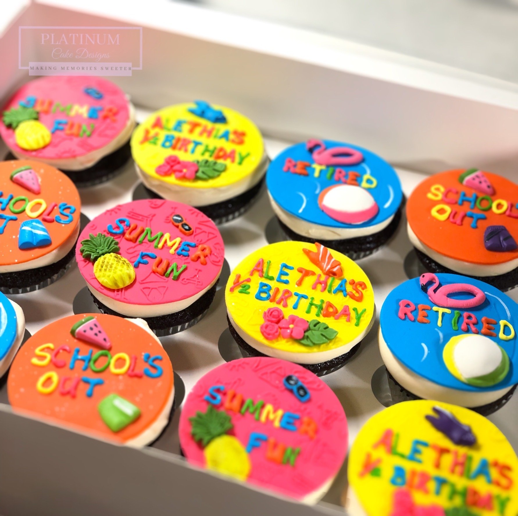 Platinum Cake Designs created these fun custom cupcakes for a retirement / half birthday party.  We added color and vibrancy to our client's 1/2 birthday / retirement party by including swimsuits, an inflatable flamingo, beachball, sunglasses, lotus 