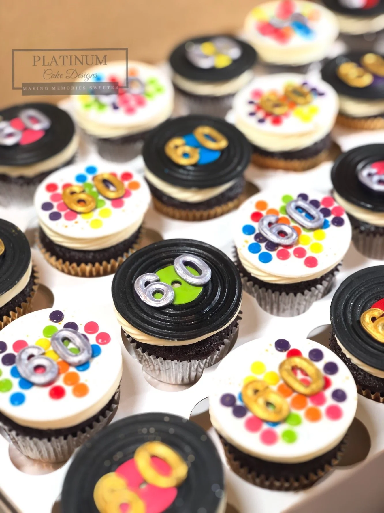 60th Birthday Soul Train Disco Cupcakes boxed1.JPG