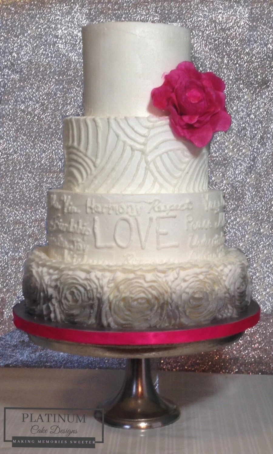 Wedding cake 4-tiered white pink wafer paper flower.JPG