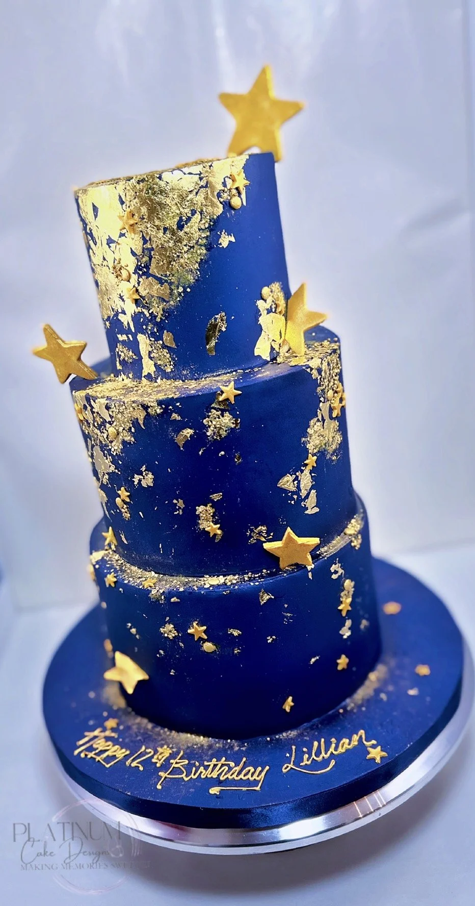 Gold leaf and stars 3-tiered 12th birthday cake side2.JPG