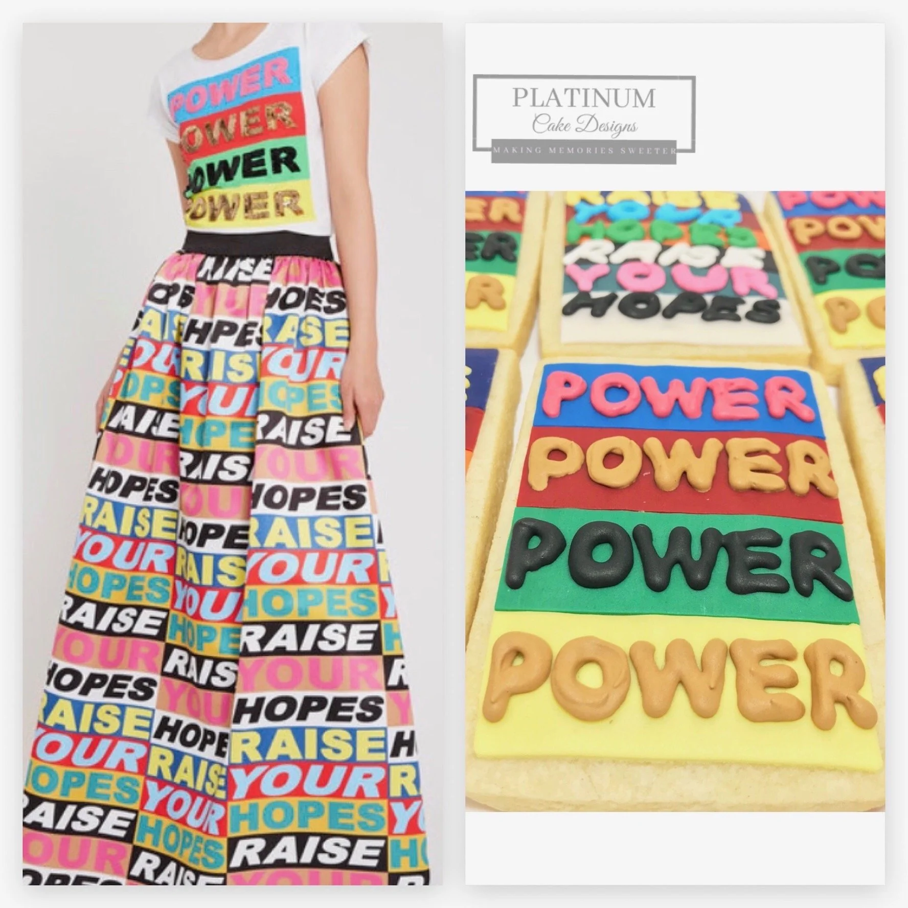 We created these colorful sugar cookies for a clothing line launch.  We made them in the image of the signature skirt and t-shirt.