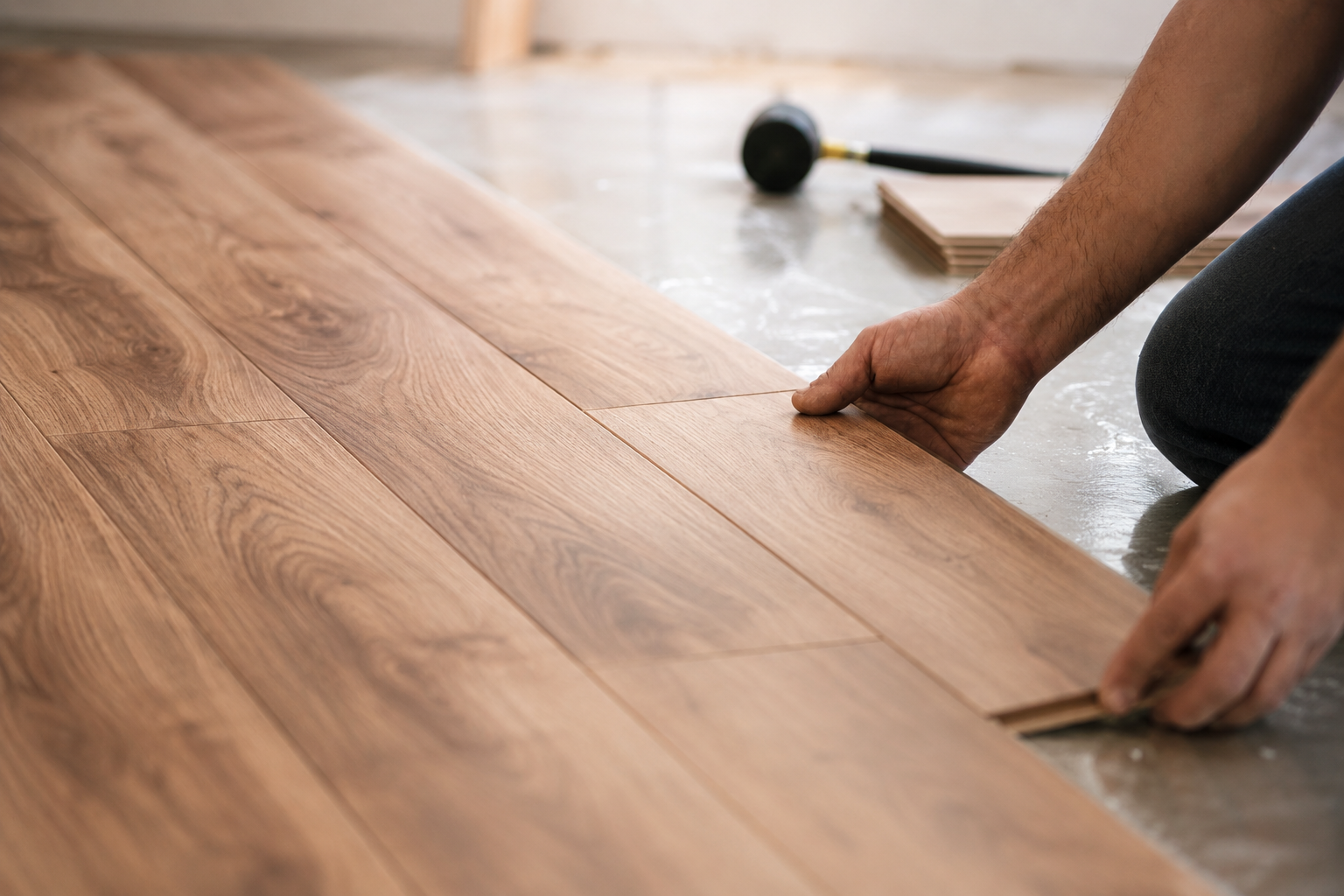 Person installing hardwood flooring, working on a wooden plank with a tapping block and mallet nearby.