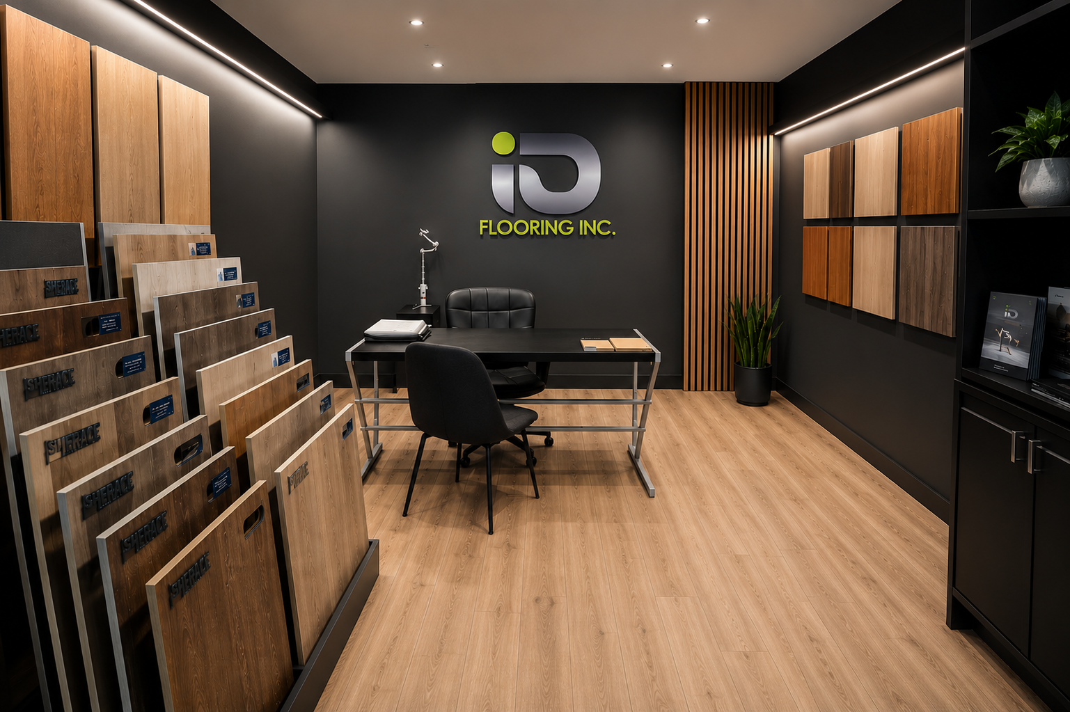 An office for a flooring company with wood flooring samples displayed on the left wall, a black desk with a black chair, a small black chair, and a black office chair behind the desk. The back wall features the company's logo 'ID Flooring Inc.' in large letters, with wood panels and a potted plant nearby.