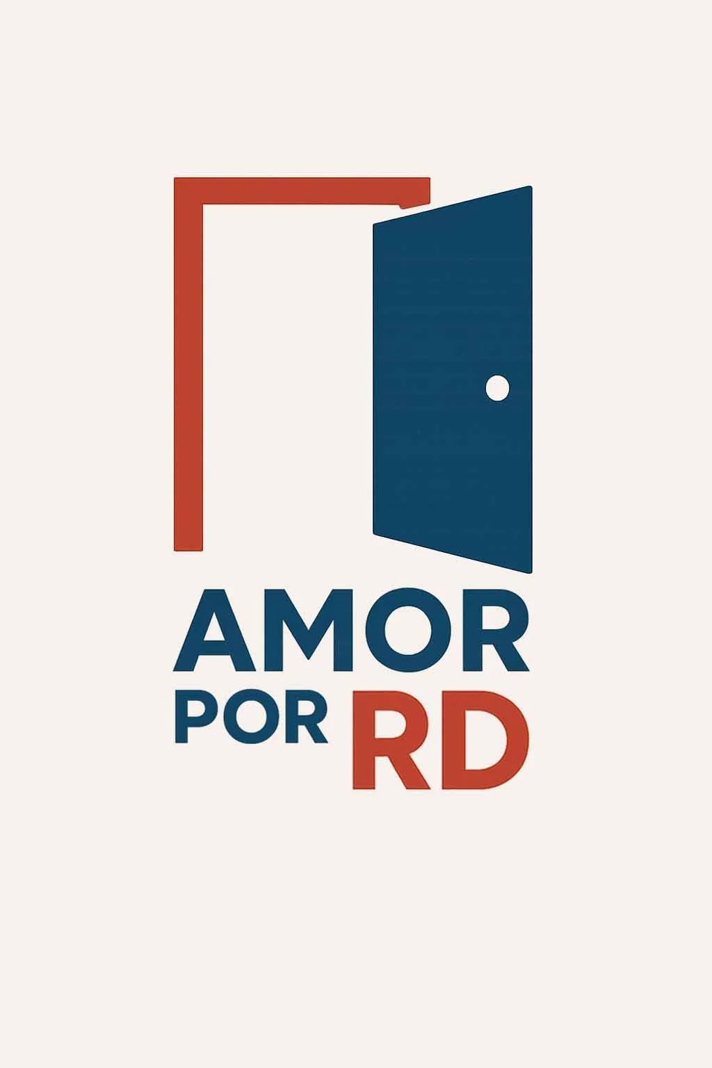 Logo featuring a door opening with a red frame on the left and a blue door with a doorknob on the right, accompanied by the text "AMOR POR RD" with 'AMOR' in dark blue, 'POR' in smaller dark blue, and 'RD' in red.