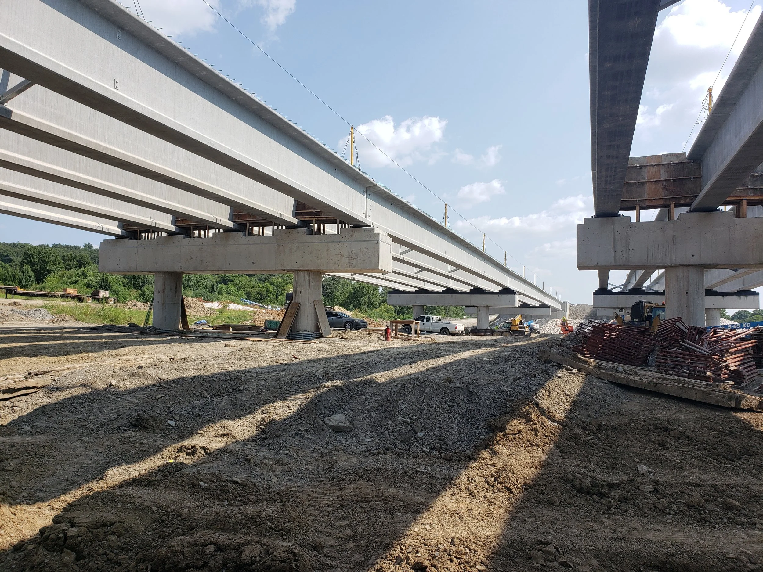 Twin bridges going up in Tulsa, Gilcrease Expressway, beam set forming and pouring diaphragms