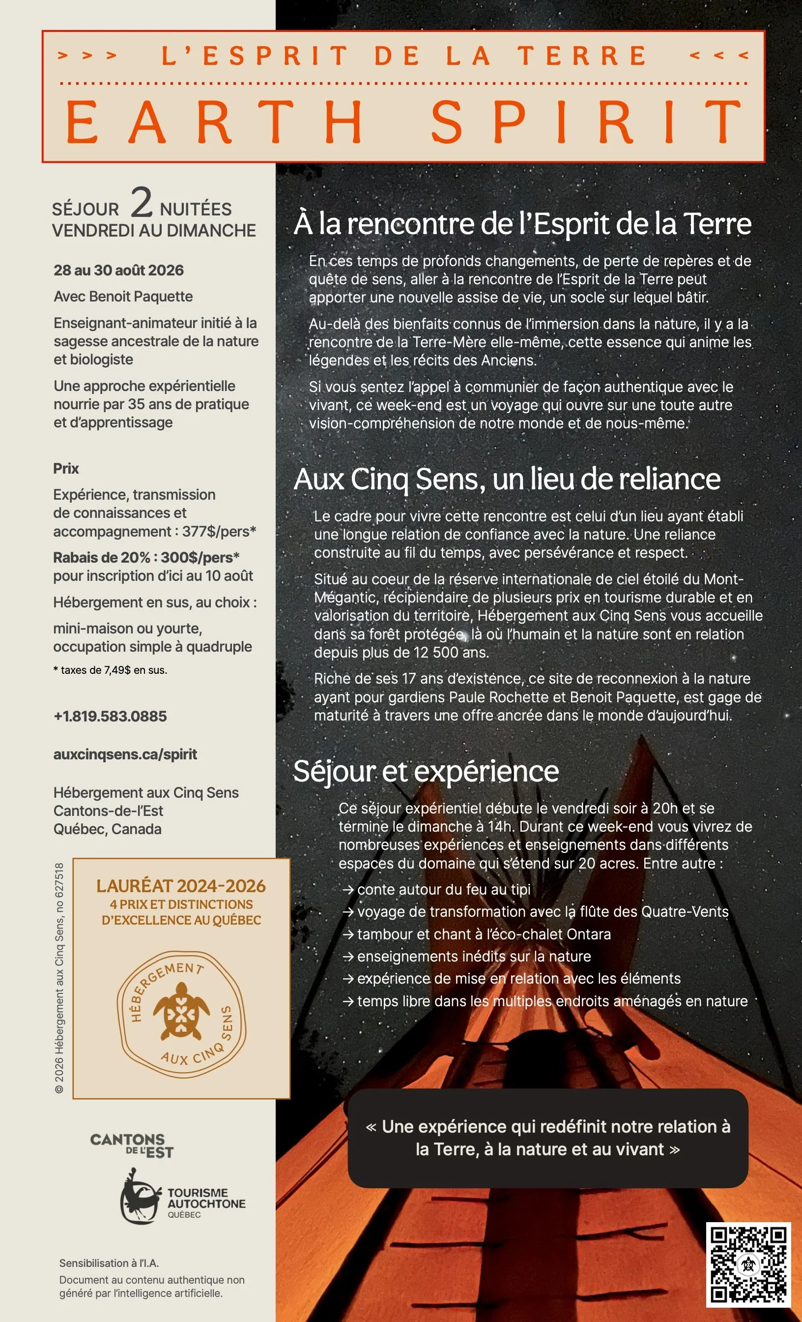 Poster for the Earth Spirit experiential stay at Lodging aux Cinq Sens