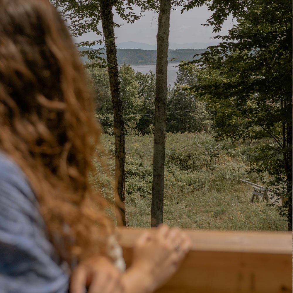 Femme de dos regardant l'horizon avec lac et montagnes