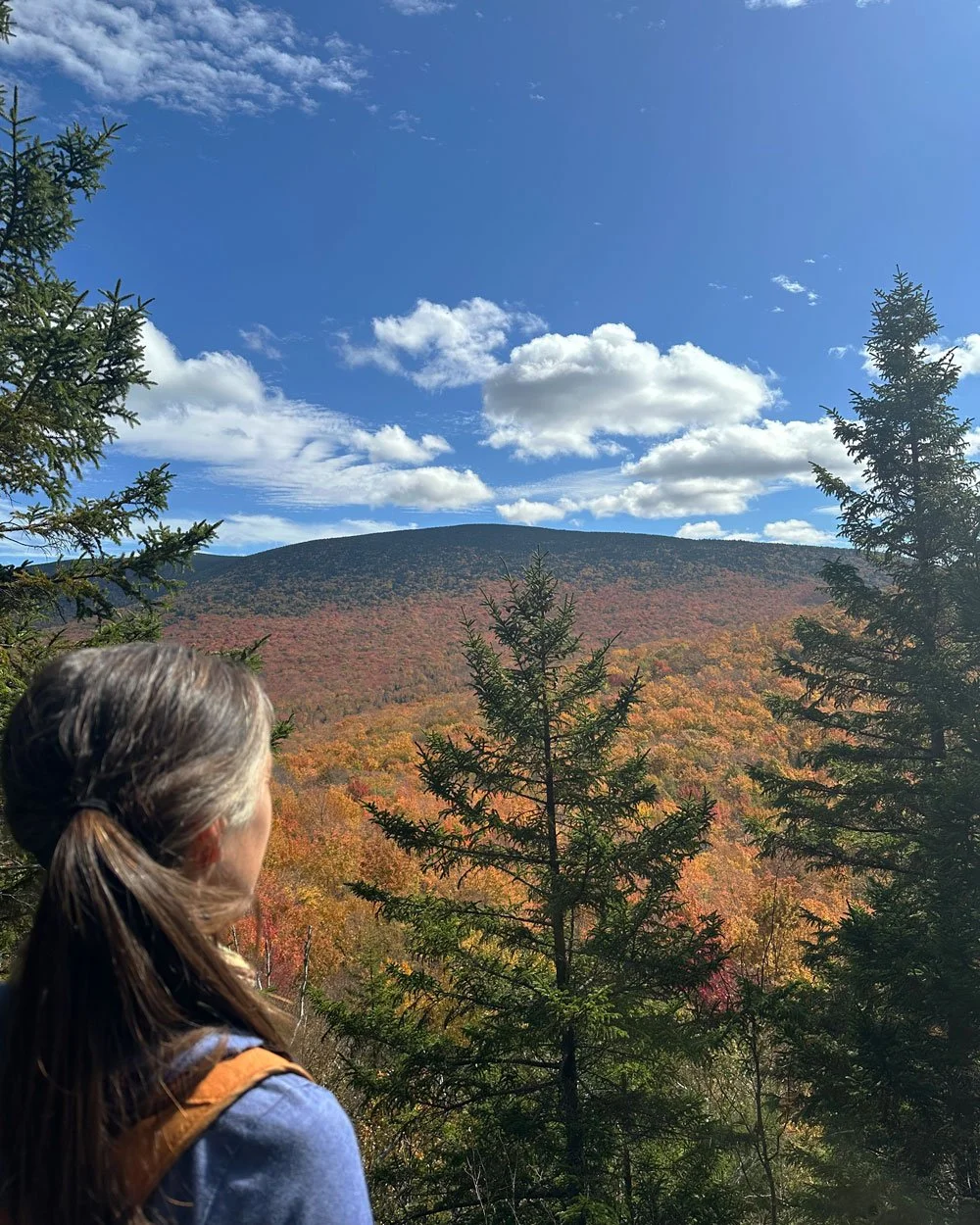 Femme devant un paysage montagneux d'automne au Parc national du Mont-Mégantic