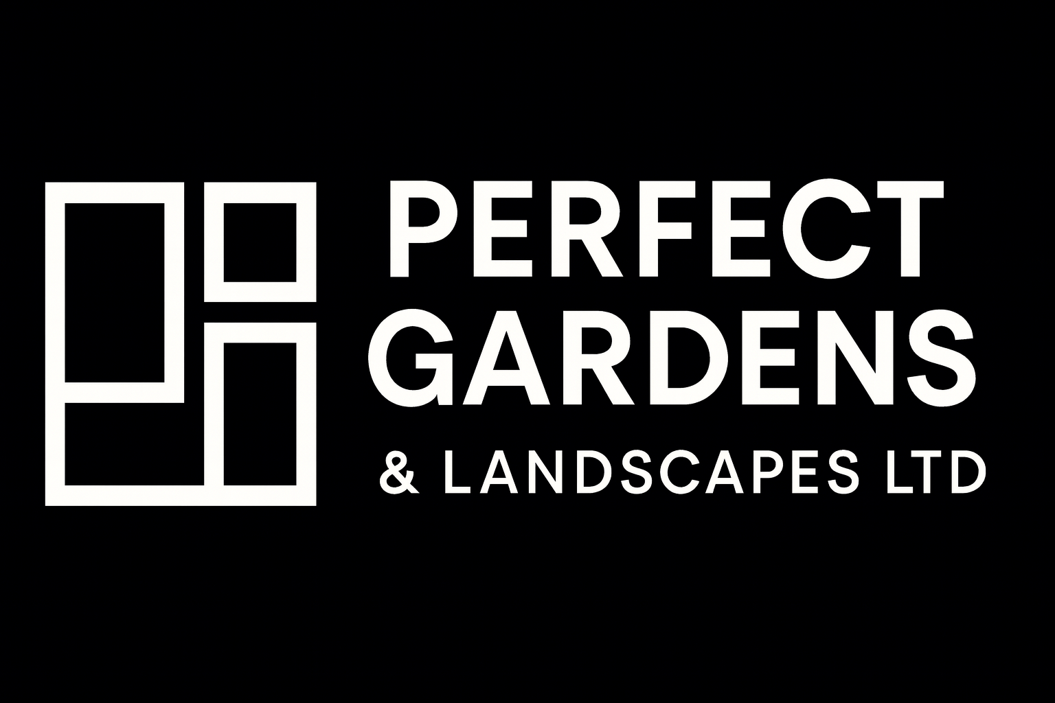 Company logo for Perfect Gardens & Landscapes Ltd with black background, white text, and a stylized garden illustration.
