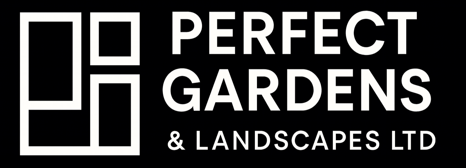 Logo for Perfect Gardens & Landscapes Ltd, featuring a stylized square outline with three smaller rectangles inside, next to the company name.