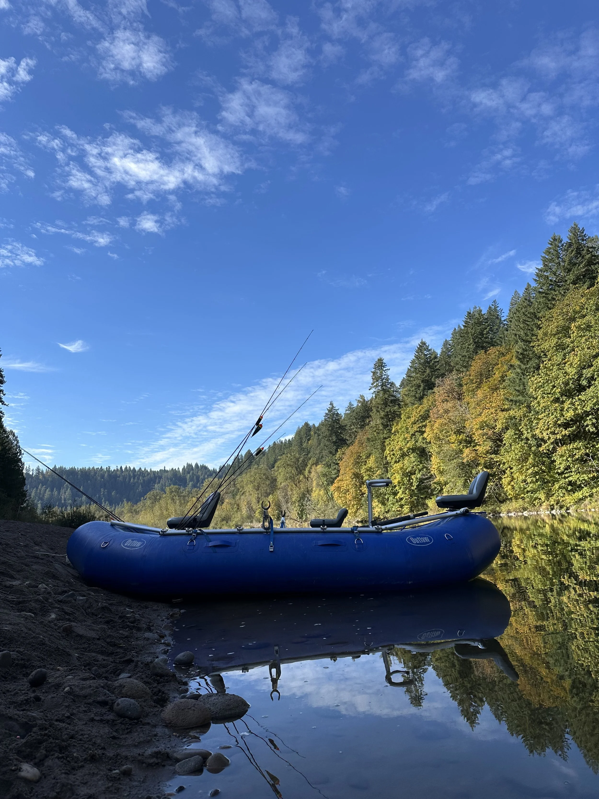 A blue inflatable boat with fishing rods on a riverbank surrounded by trees and a blue sky.