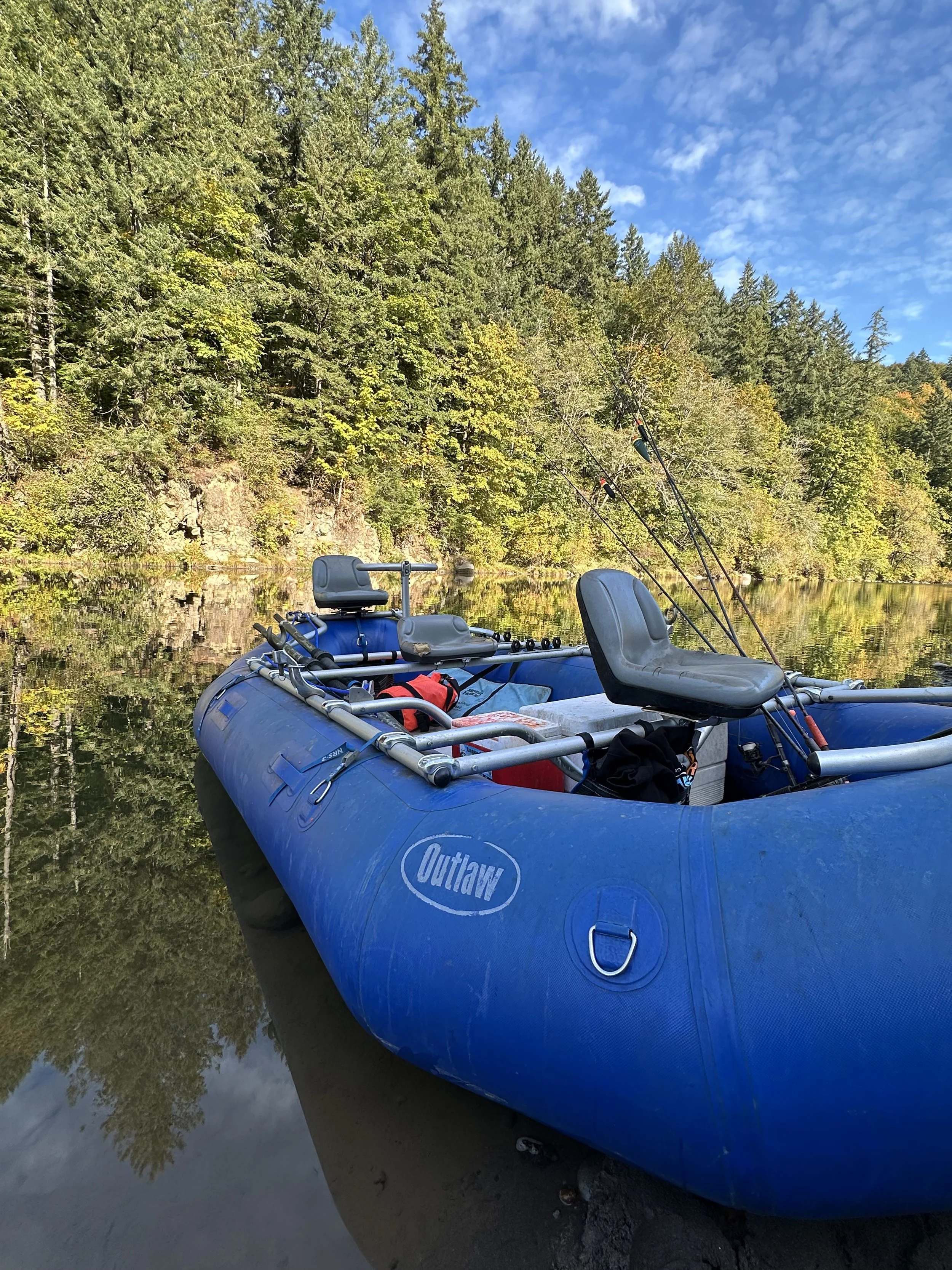 A blue inflatable boat with fishing rods attached, floating on a calm lake surrounded by dense green trees and a partly cloudy blue sky.