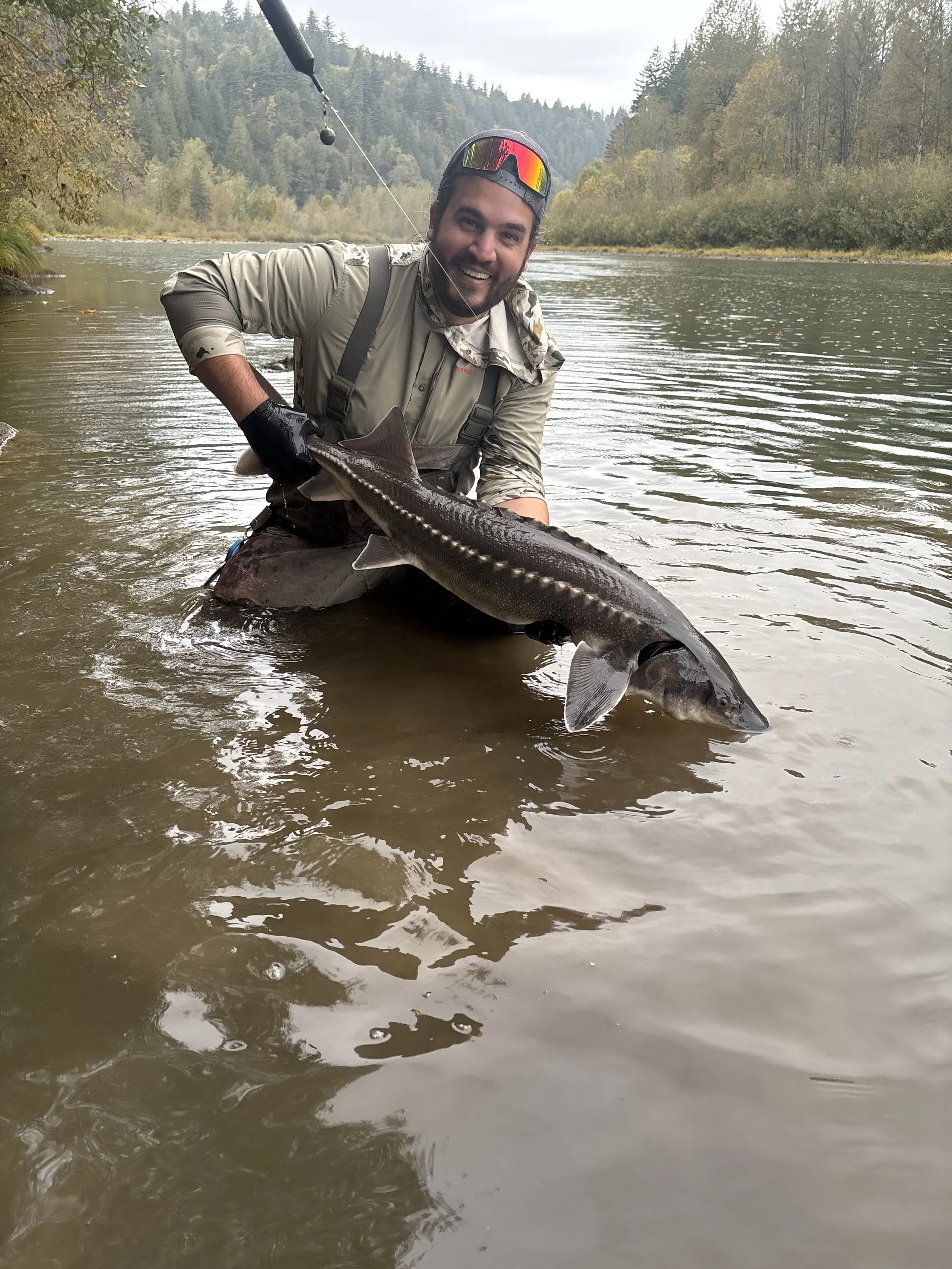 A man in fishing gear kneeling in a river, holding a large fish with a smile.