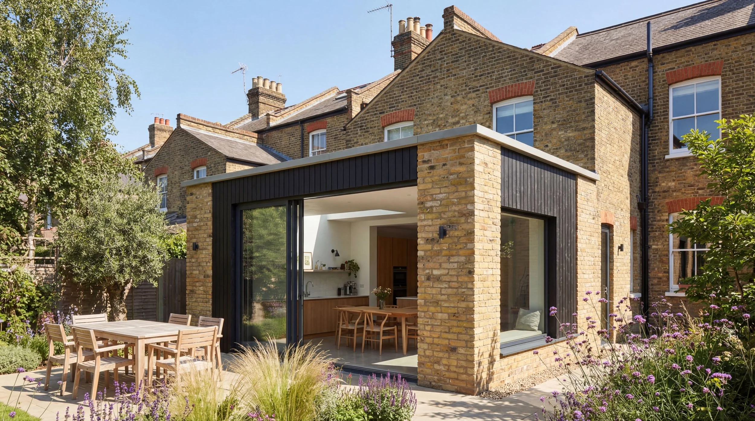 A modern extension added to a traditional brick house, featuring large glass sliding doors, surrounded by a garden with outdoor furniture, purple flowers, and trees.