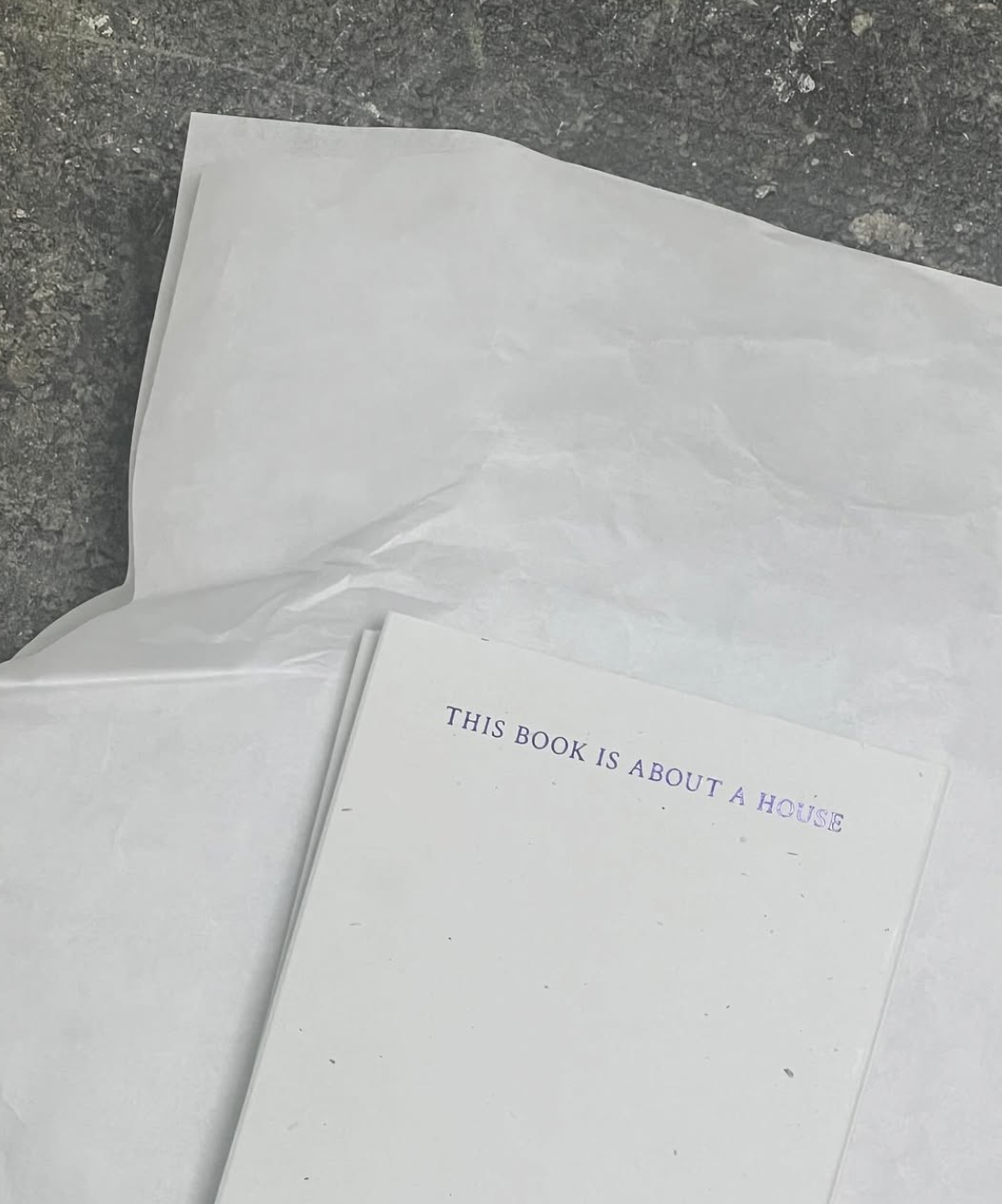 An open book with the title 'This book is about a house' and a piece of white tissue paper on a rough gray surface.