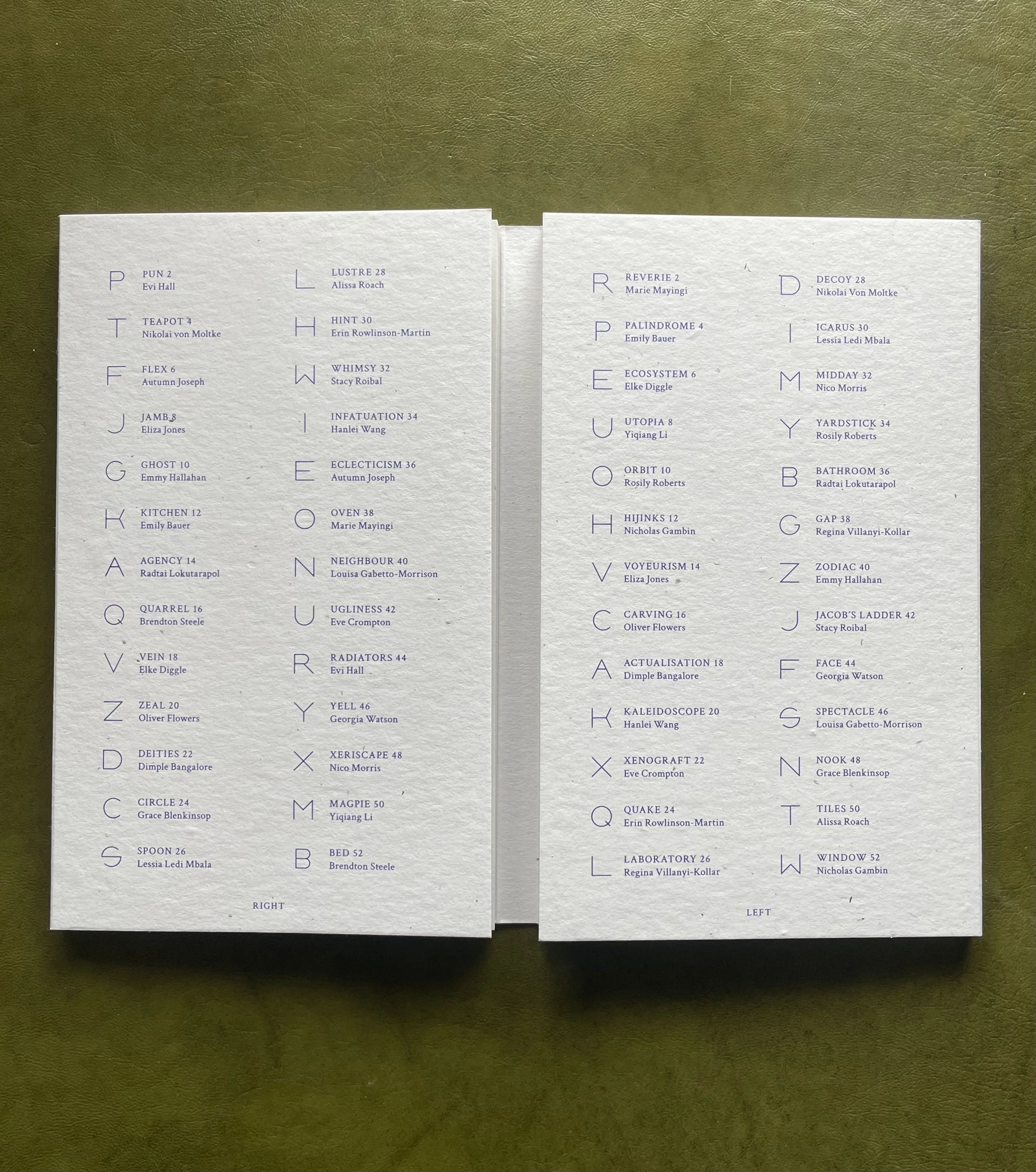 Open magazine showing a list of words, each associated with a number and a name, organized alphabetically in two columns.