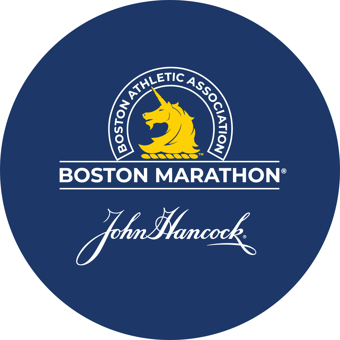 Round logo with a dark blue background. At the top, a white circular border reads 'BOSTON ATHLETIC ASSOCIATION'. Inside the circle, a yellow unicorn head with a horn, and a blue mane, is depicted on a navy background. Below the circle, white bold text says 'BOSTON MARATHON' with a thin white line above and below. At the bottom, the signature-style text 'John Hancock' is written in white.