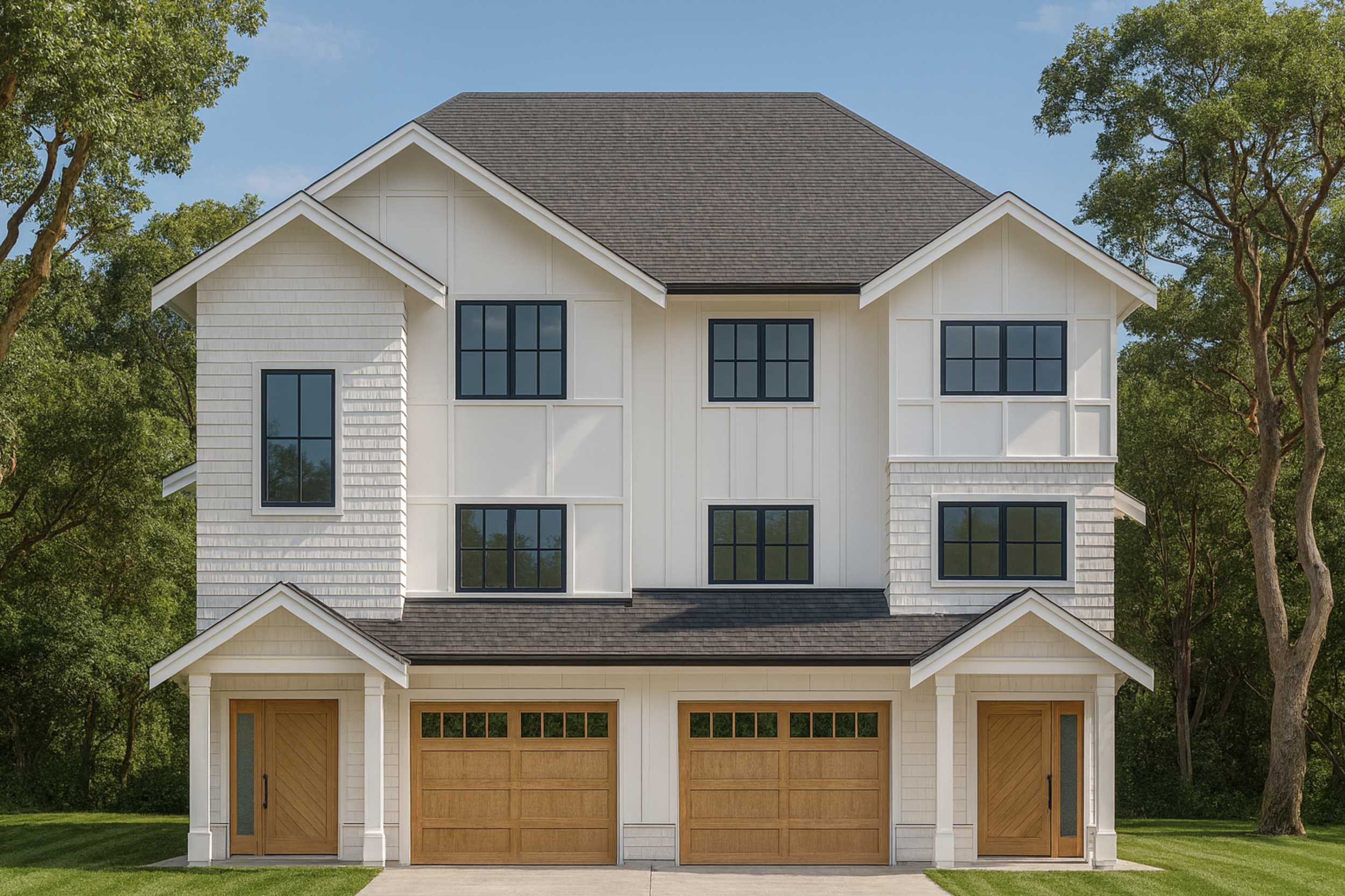 A modern three-story house with white siding, black window frames, brown garage doors, and two single front doors, set against a background of green trees and a blue sky.