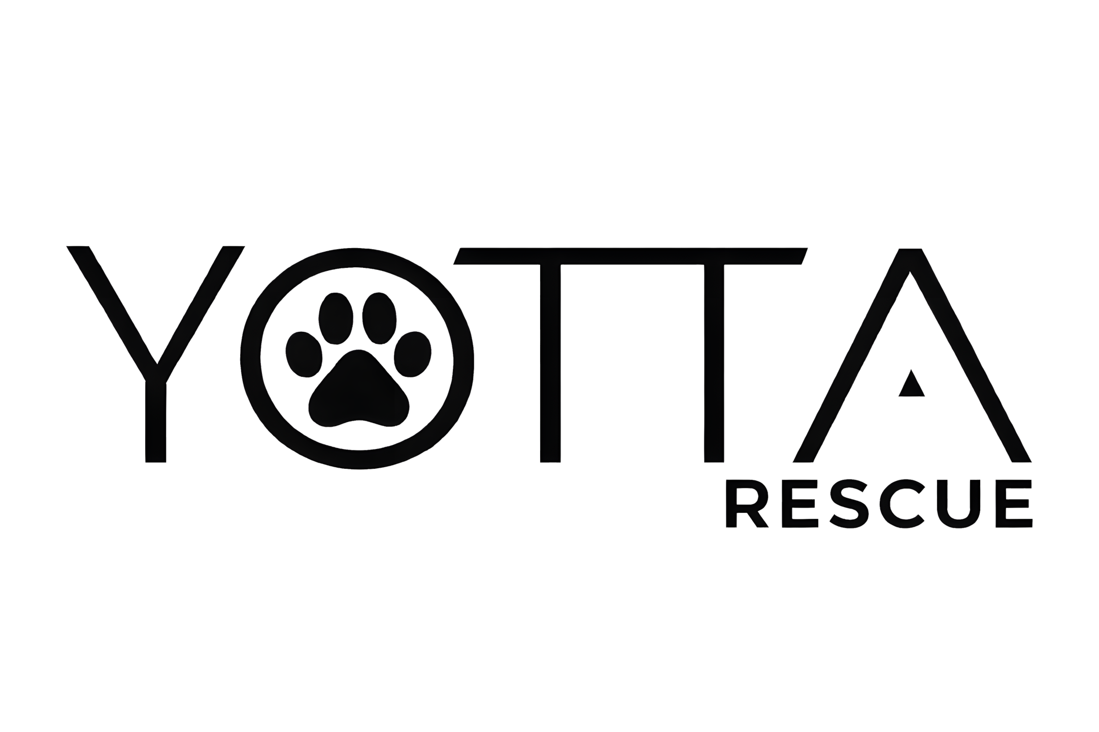 Logo for YOTTA Rescue featuring the word 'YOTTA' with a paw print inside the letter 'O' and a mountain outline forming part of the letter 'A' above the word 'RESCUE'.