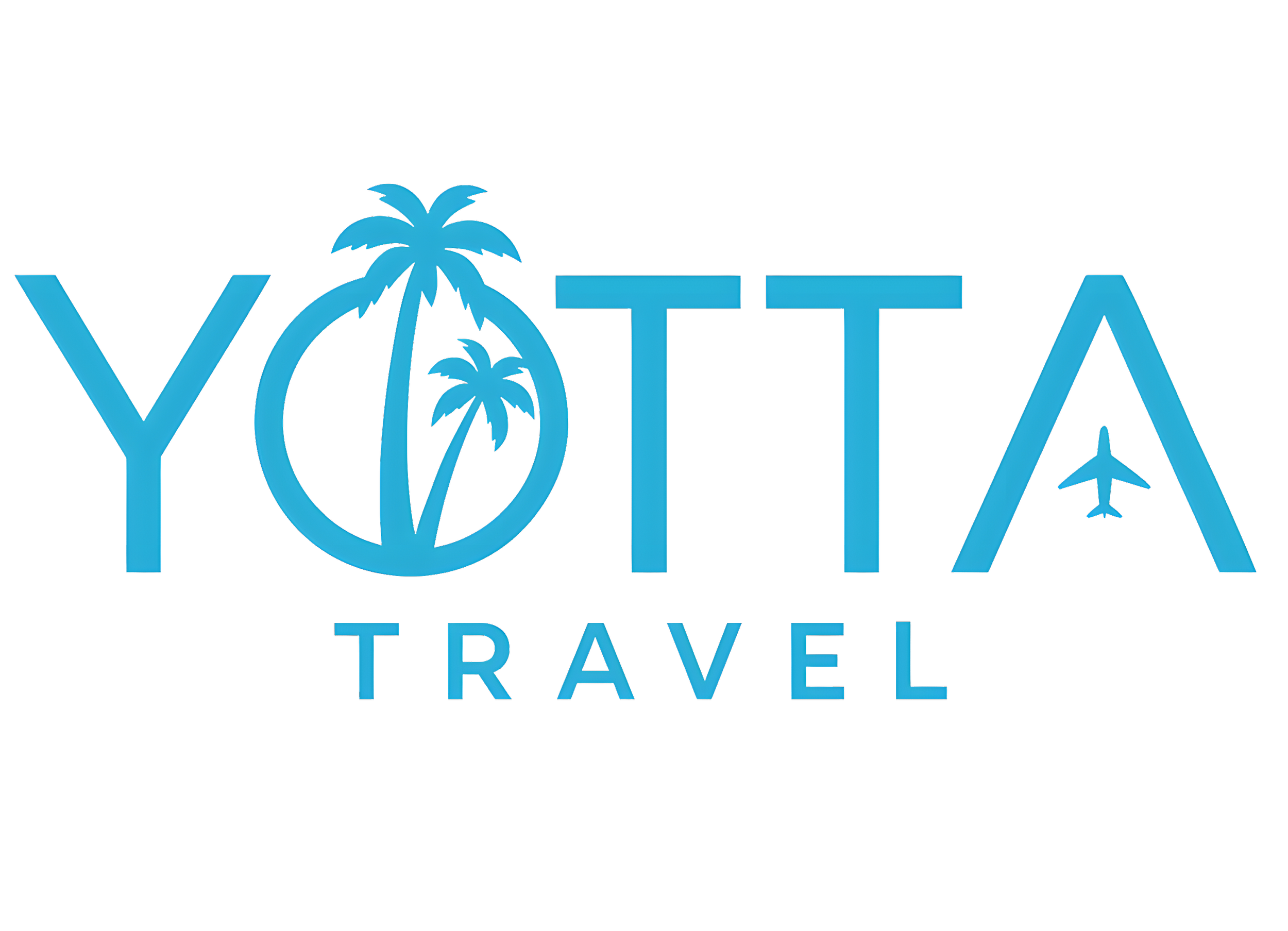 Yotta Travel logo with blue palm trees, a plane icon, and the company name in blue letters on a black background.