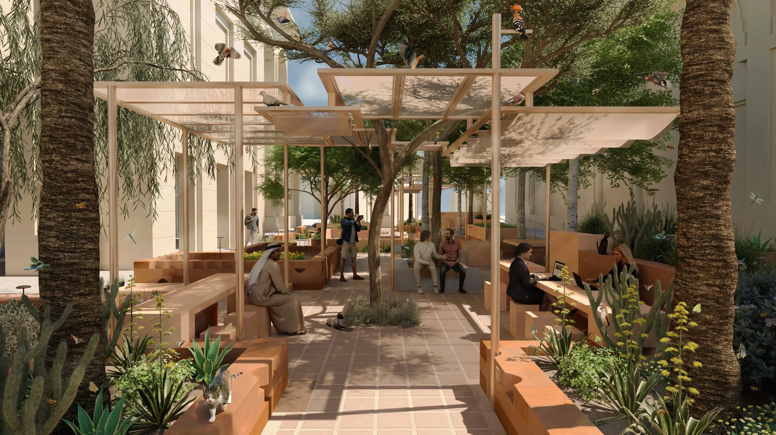Rawdah reimagines an under-used plaza at the heart of the American University of Sharjah as a living system that simultaneously regenerates ecological and pedagogical value. A student-designed teaching garden foregrounds UAE native and adapted specie