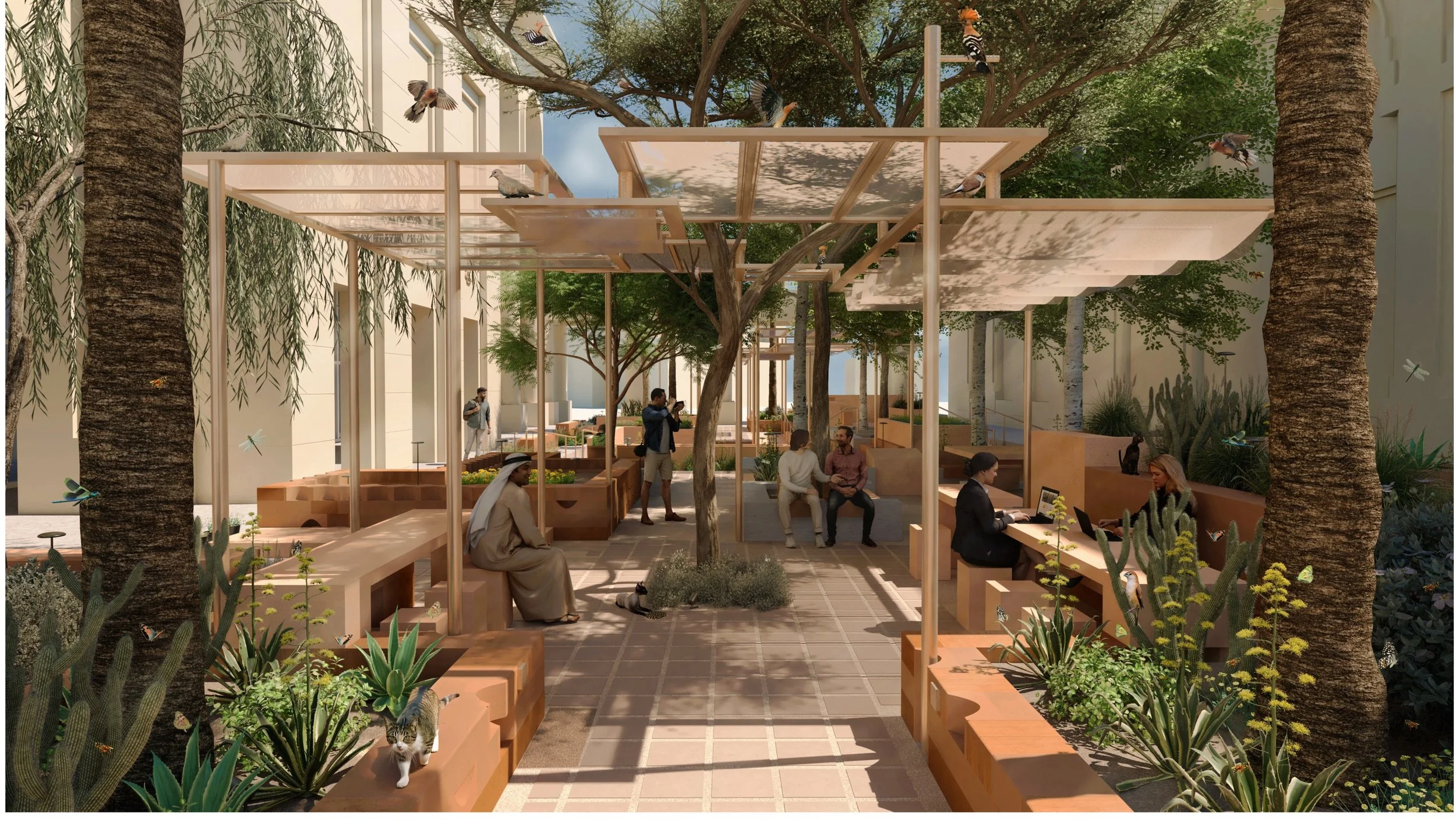 Rawdah reimagines an under-used plaza at the heart of the American University of Sharjah as a living system that simultaneously regenerates ecological and pedagogical value. A student-designed teaching garden foregrounds UAE native and adapted specie