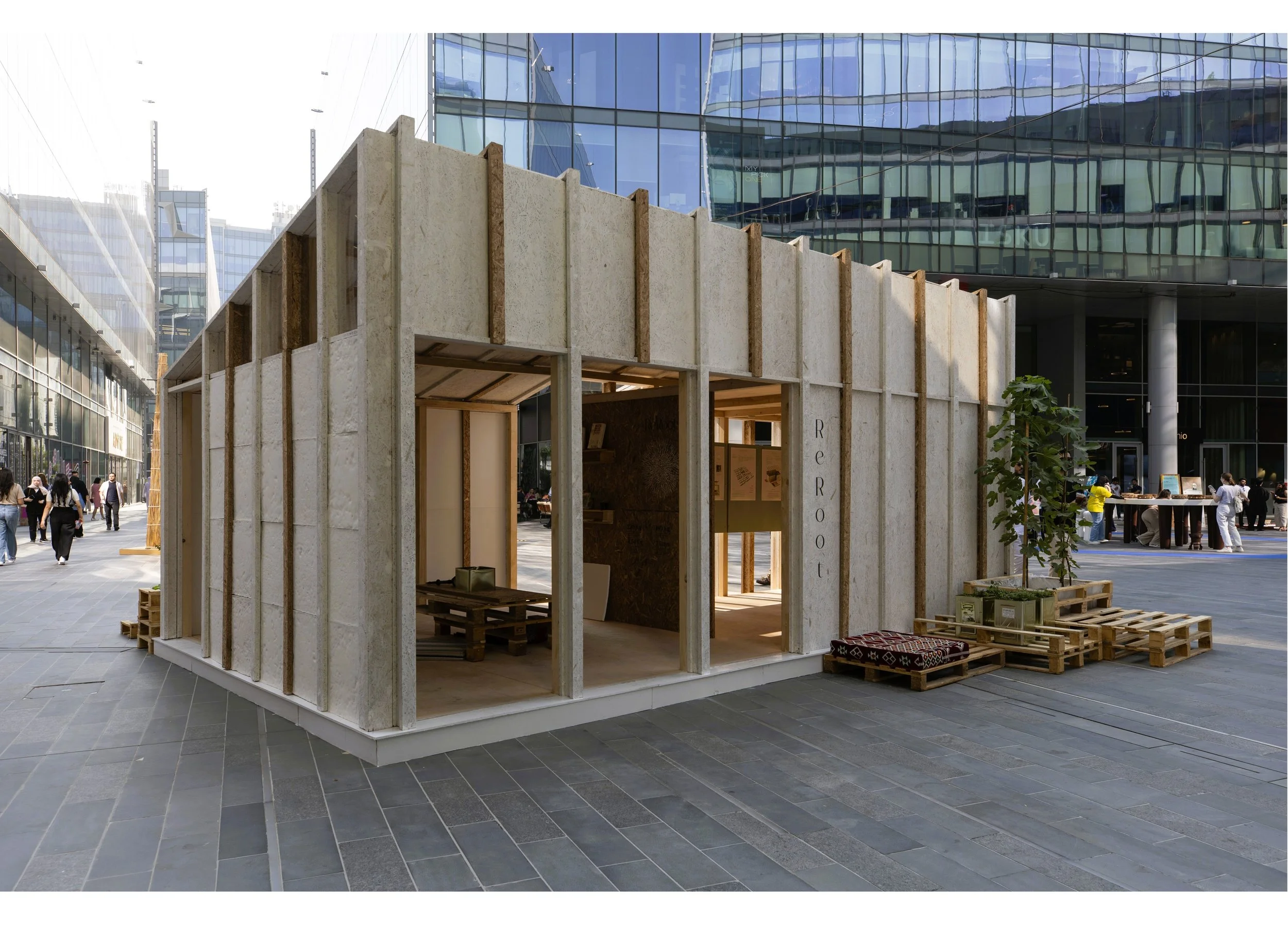 Commissioned by Abwab for Dubai Design Week 2024, ReRoot is a prototype for a bio-based, medium-term shelter. Using mycelium grown on local agricultural waste, its lightweight, thermally insulating, fire-resistant modules can be DIY-assembled and agg