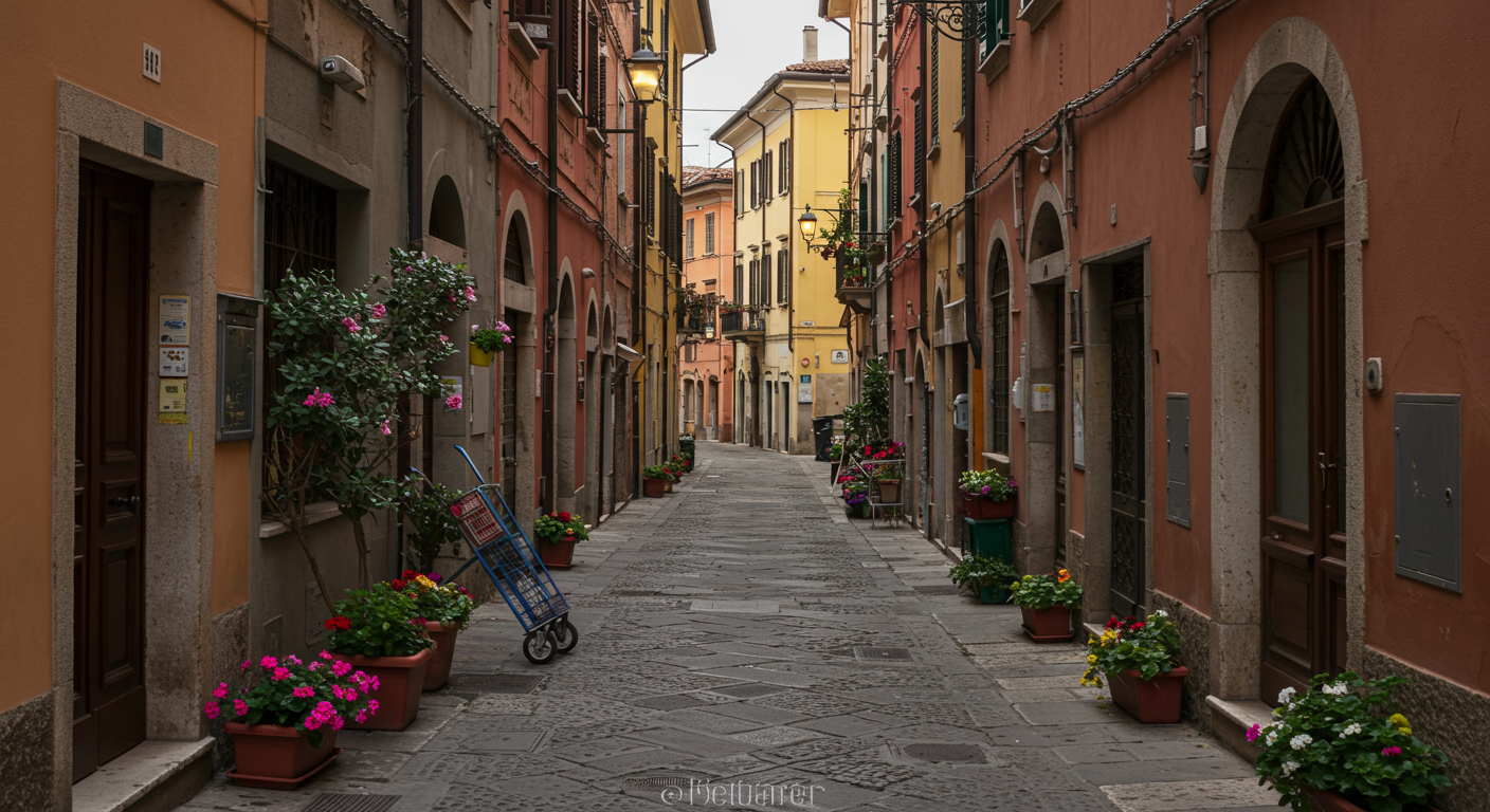 A narrow European street with colorful buildings, flower pots lining the street, and a shopping cart on the sidewalk.