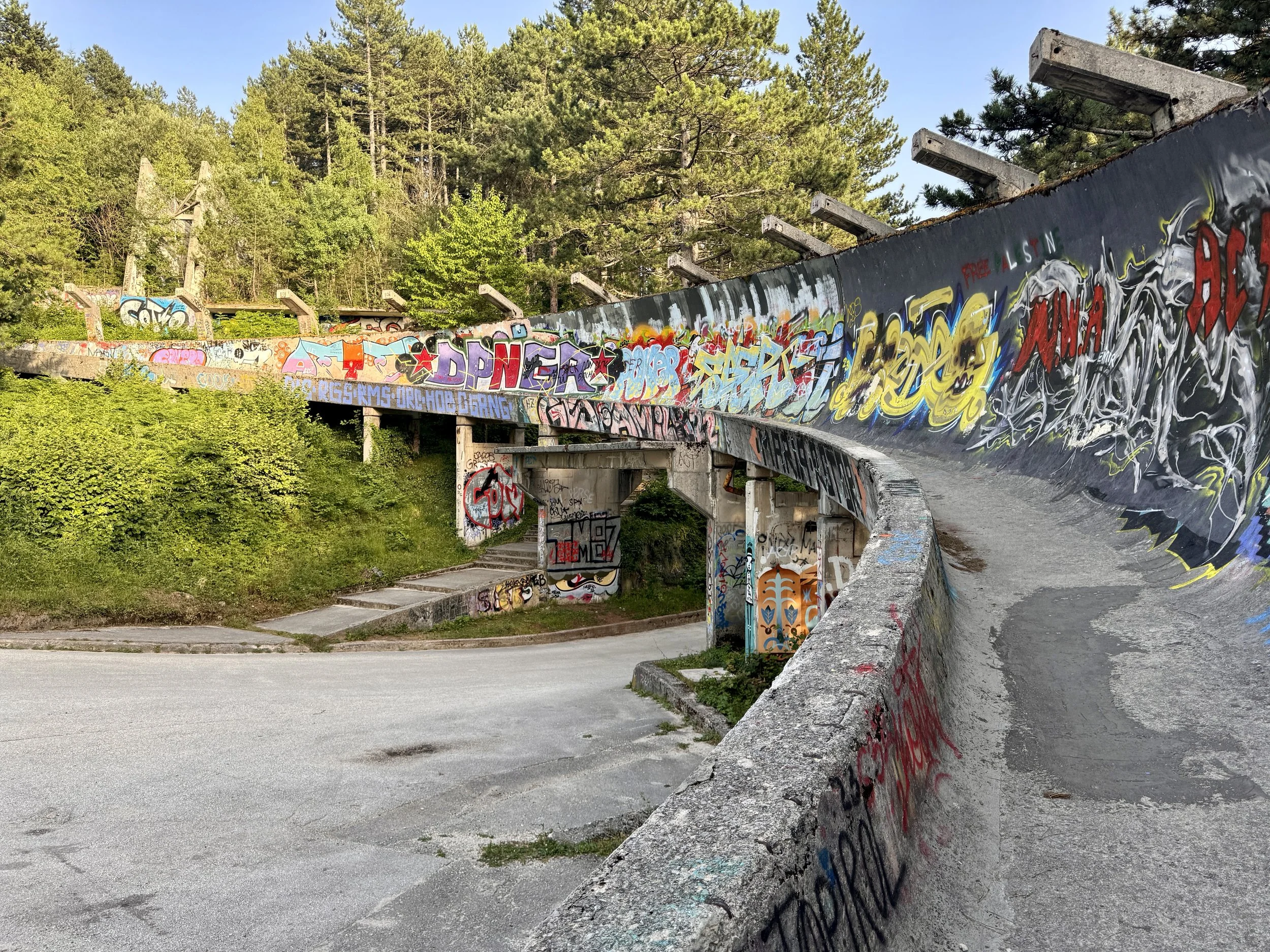 An outdoor skate ramp and ledge covered in colorful graffiti art, situated in a wooded area with tall trees in the background.