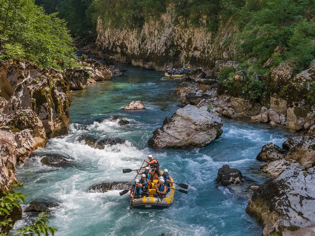 People white water rafting in a narrow canyon with green foliage and large rocks.