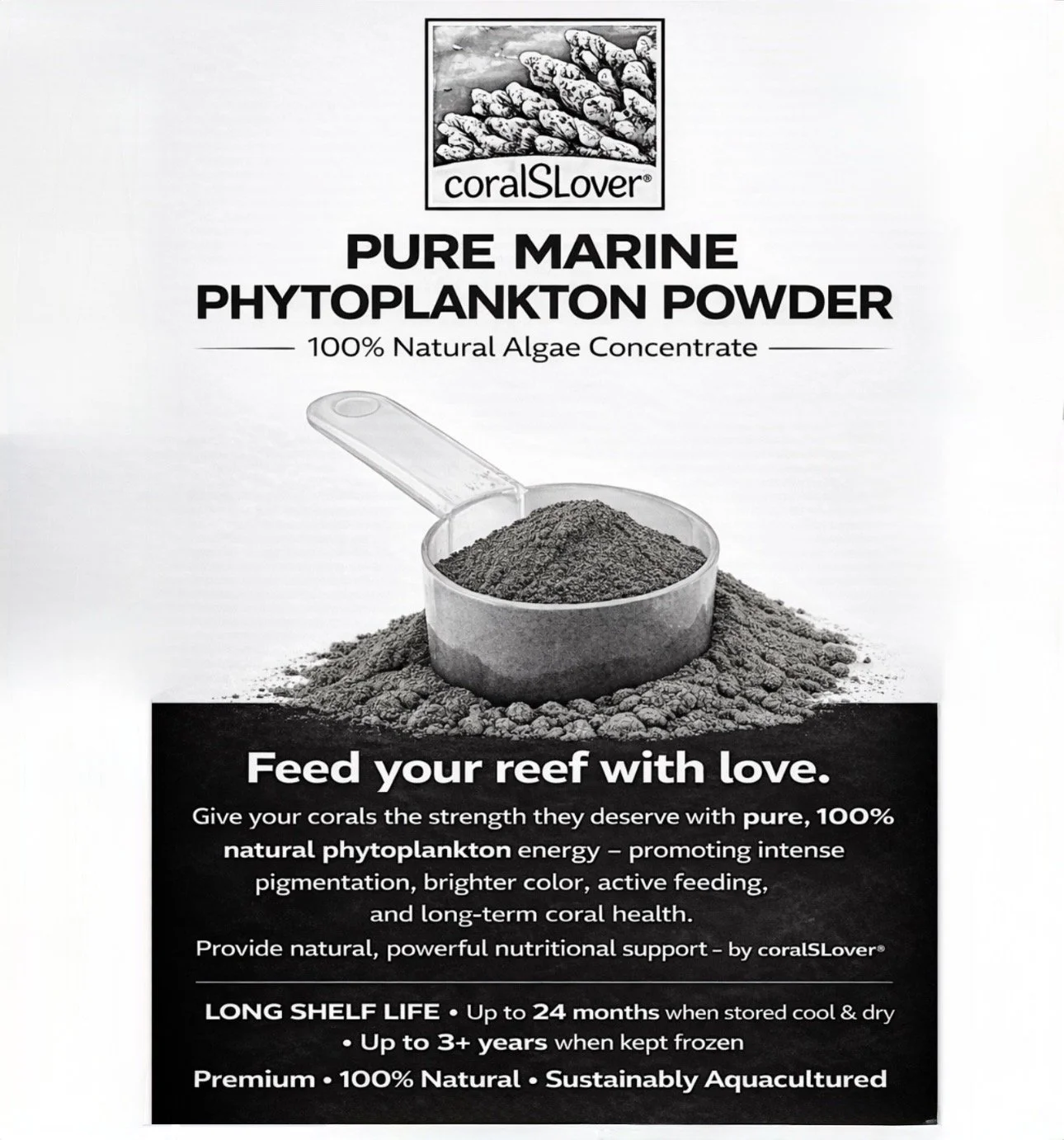 Natural marine phytoplankton microalgae powder used as a coral nutrition supplement for reef aquariums