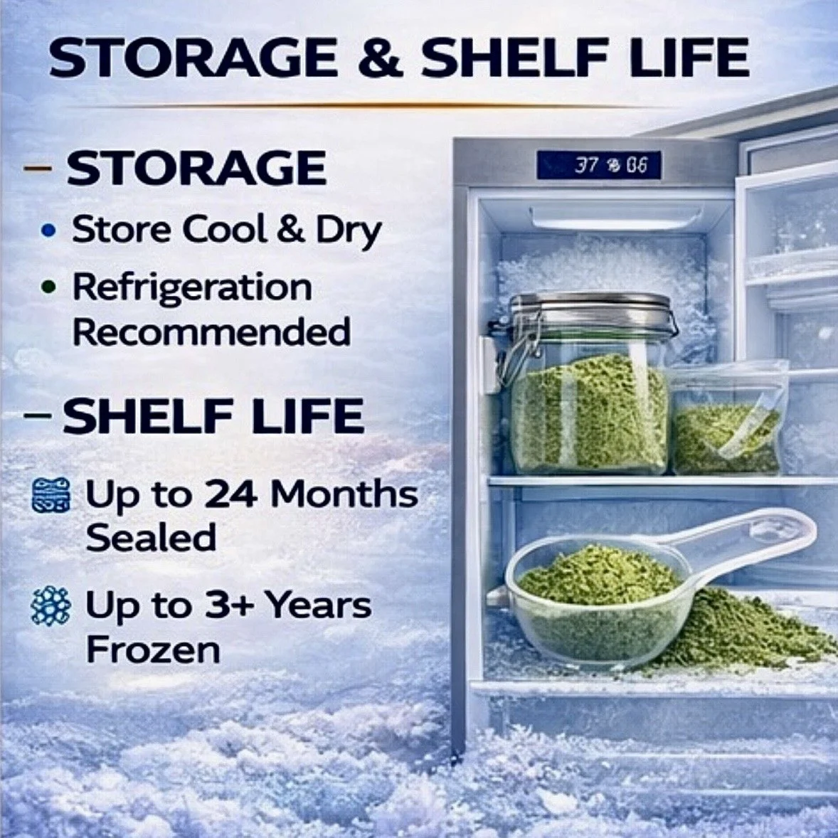 Long shelf life coral food powder that can be stored cool and dry or frozen for extended preservation