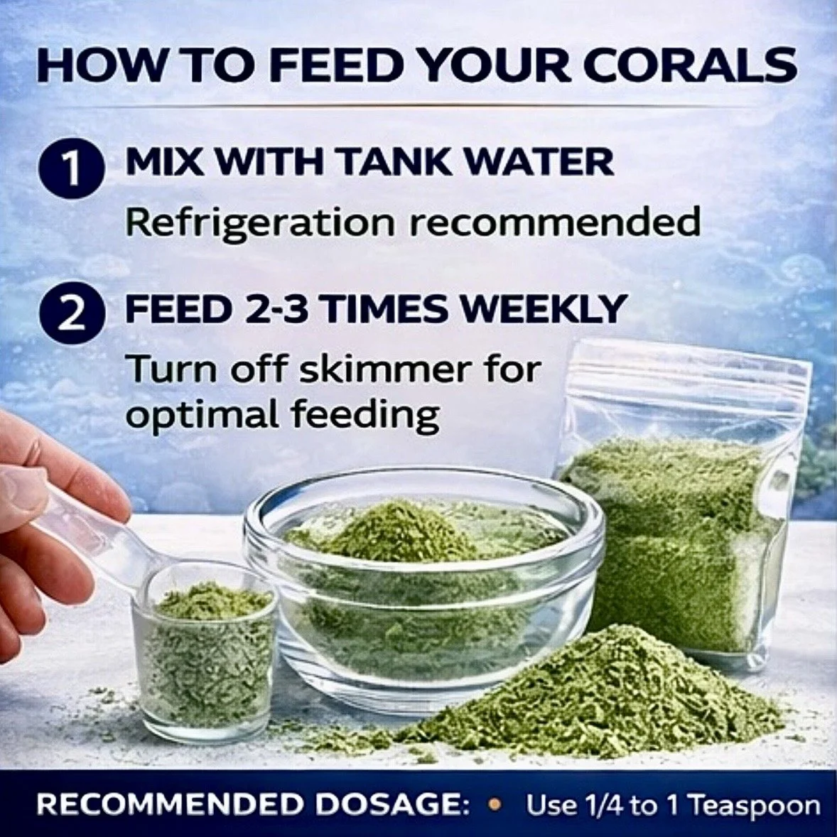 phytoplankton powder supports active coral feeding and promotes vibrant coloration and coral health