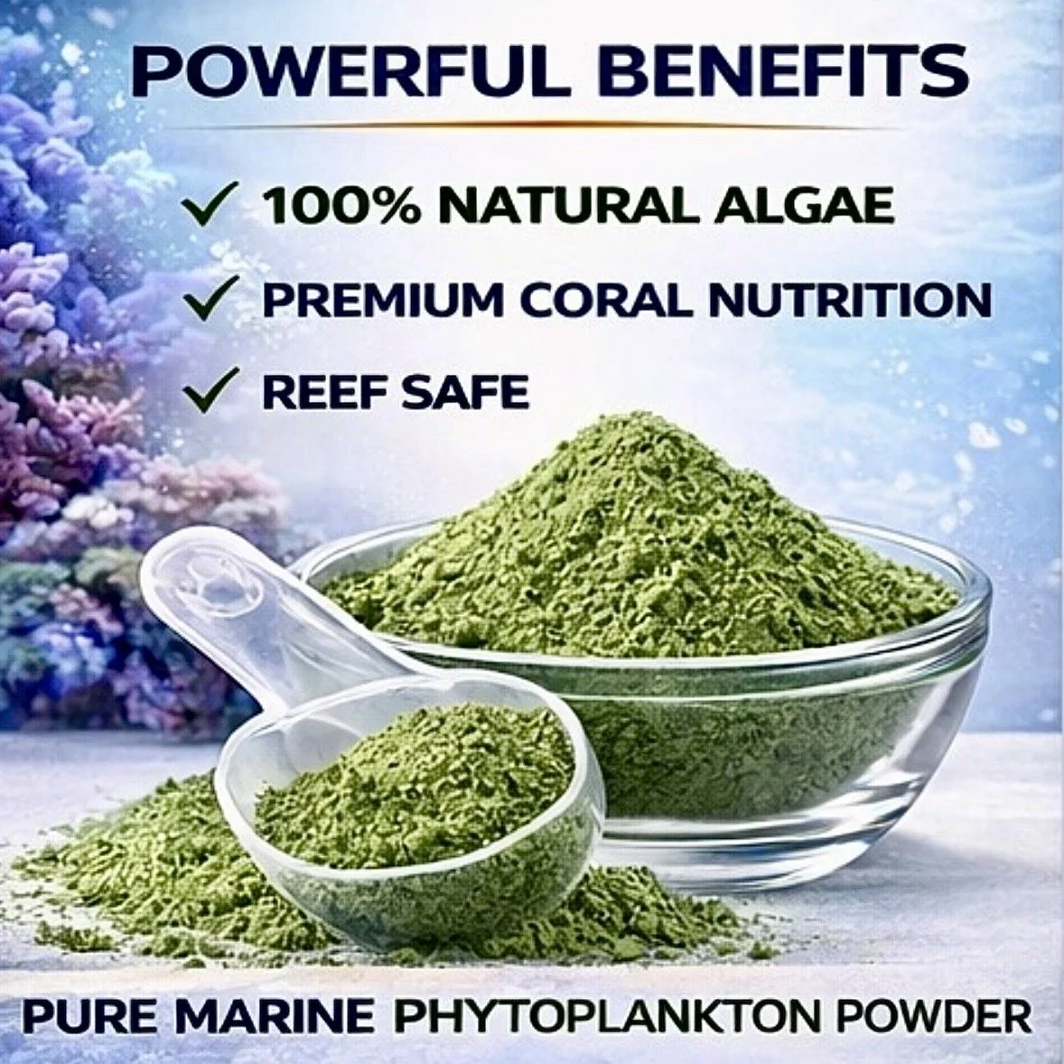 Close-up of ultra-fine coralSLover phytoplankton powder showing the microalgae texture used for reef aquarium coral nutrition