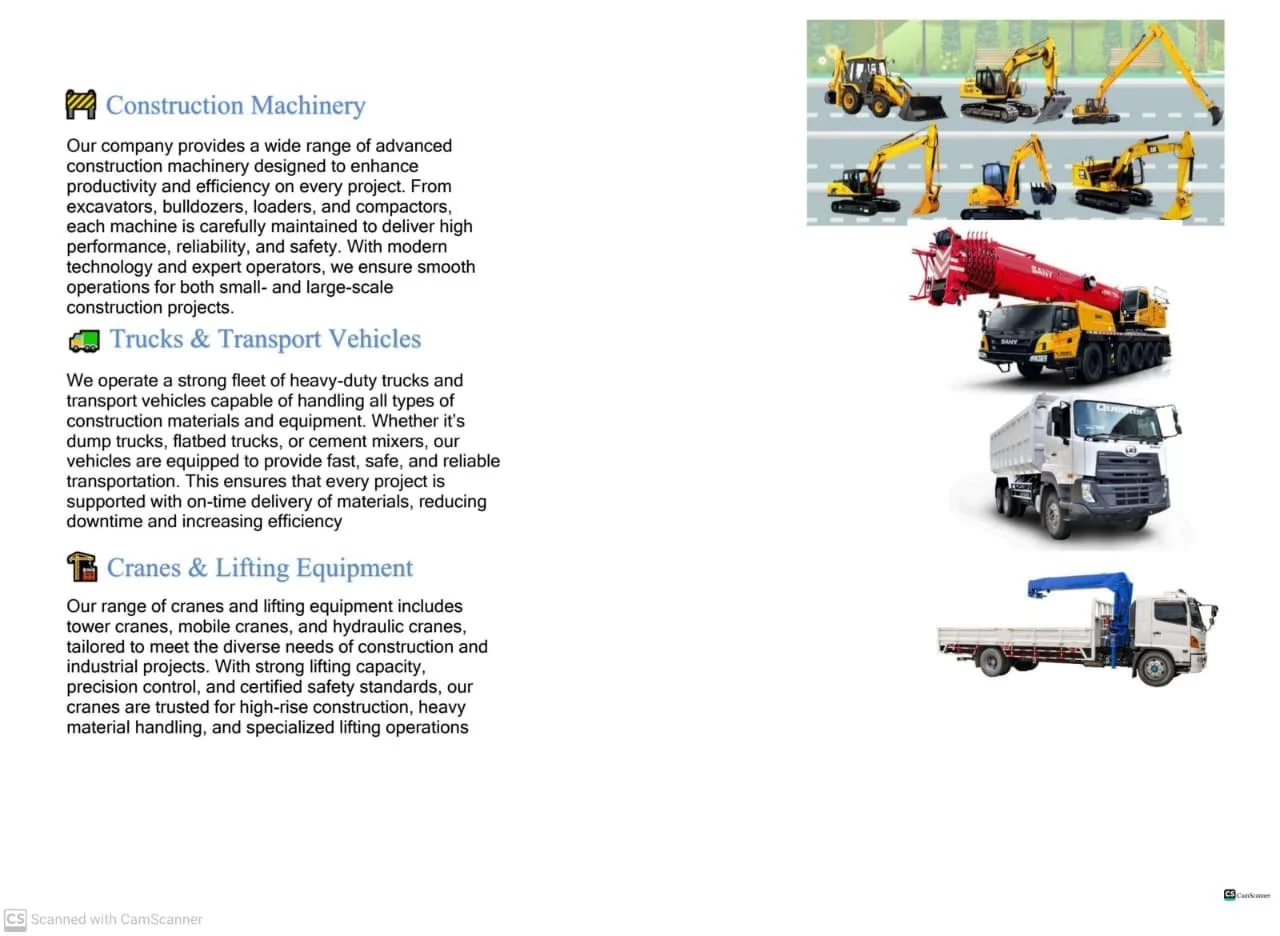 A collection of construction machinery and transport vehicles, including excavators, bulldozers, loaders, concrete mixers, a cement truck, a white cargo truck, and a concrete pump truck on the right side.