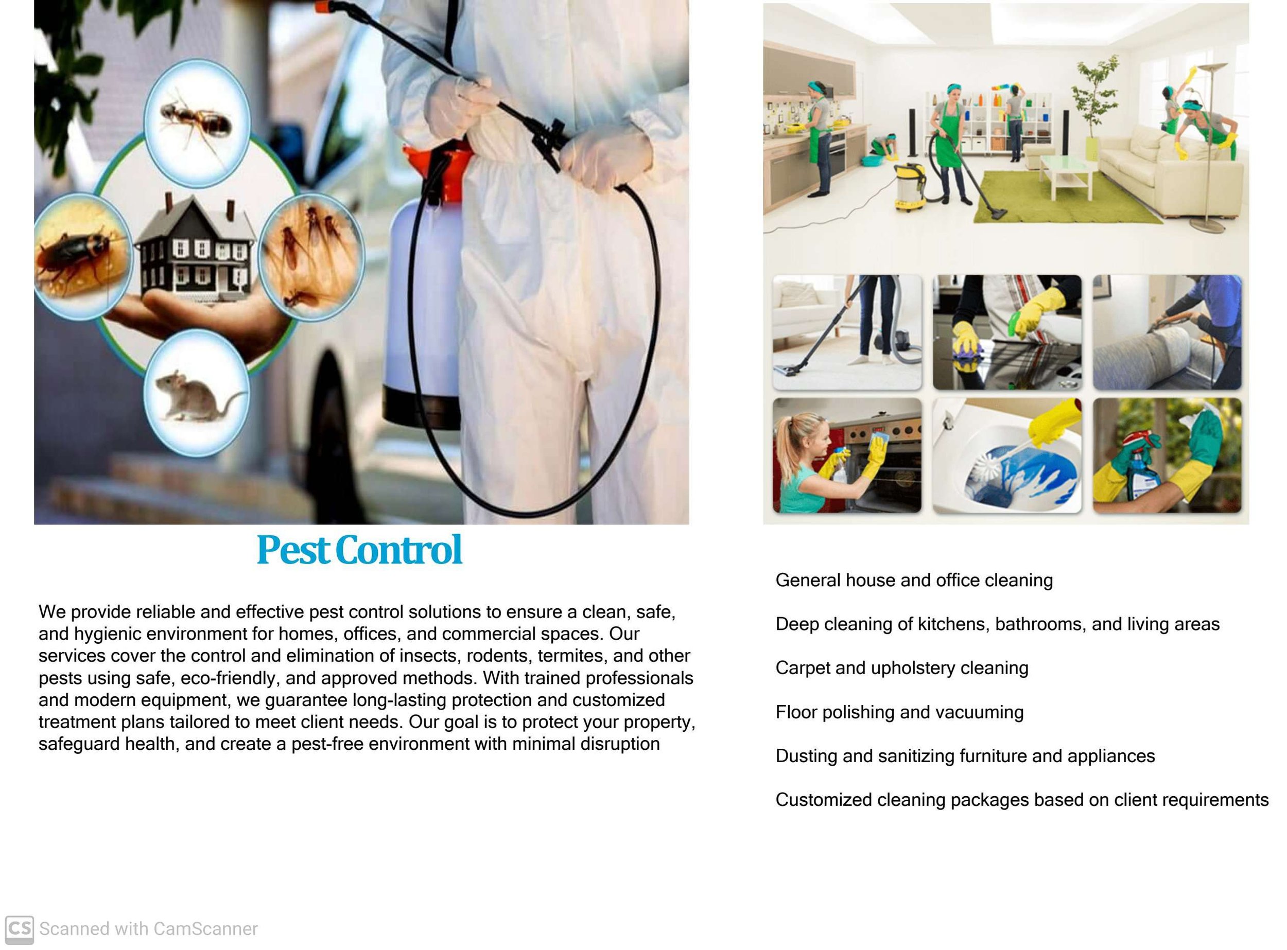 A collage of images depicting pest control services and house cleaning. The pest control image shows a person in protective suit spraying chemicals, while the house cleaning images show various cleaning activities such as vacuuming, carpet cleaning, and kitchen cleaning in a bright, modern home.