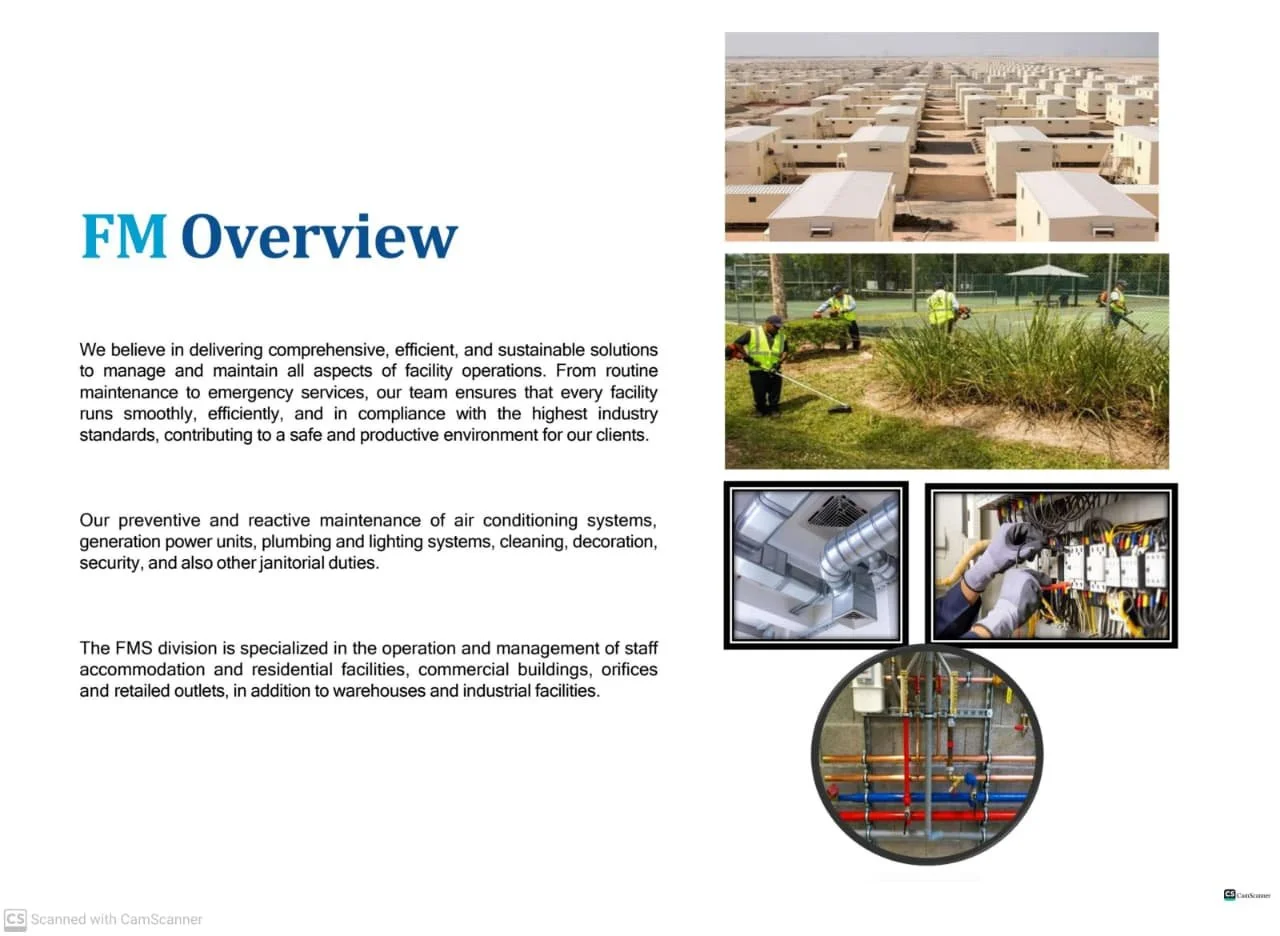 A brochure page titled 'FM Overview' with images of a housing development, landscapers working in a park, and electrical and plumbing systems. The text describes facility management services