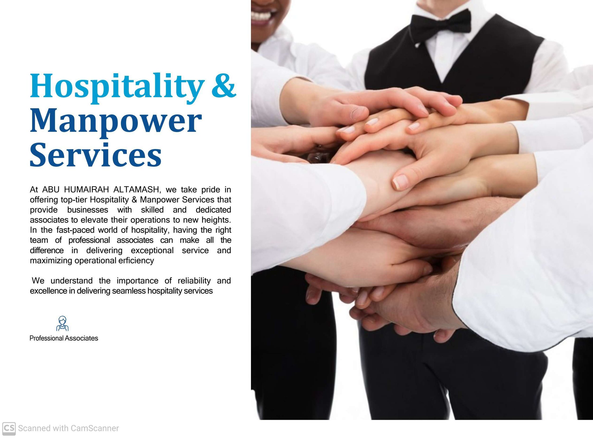 A promotional flyer for hospitality and manpower services featuring a group of people stacking their hands together in a show of teamwork, with the text describing the company's dedication to high-quality service.