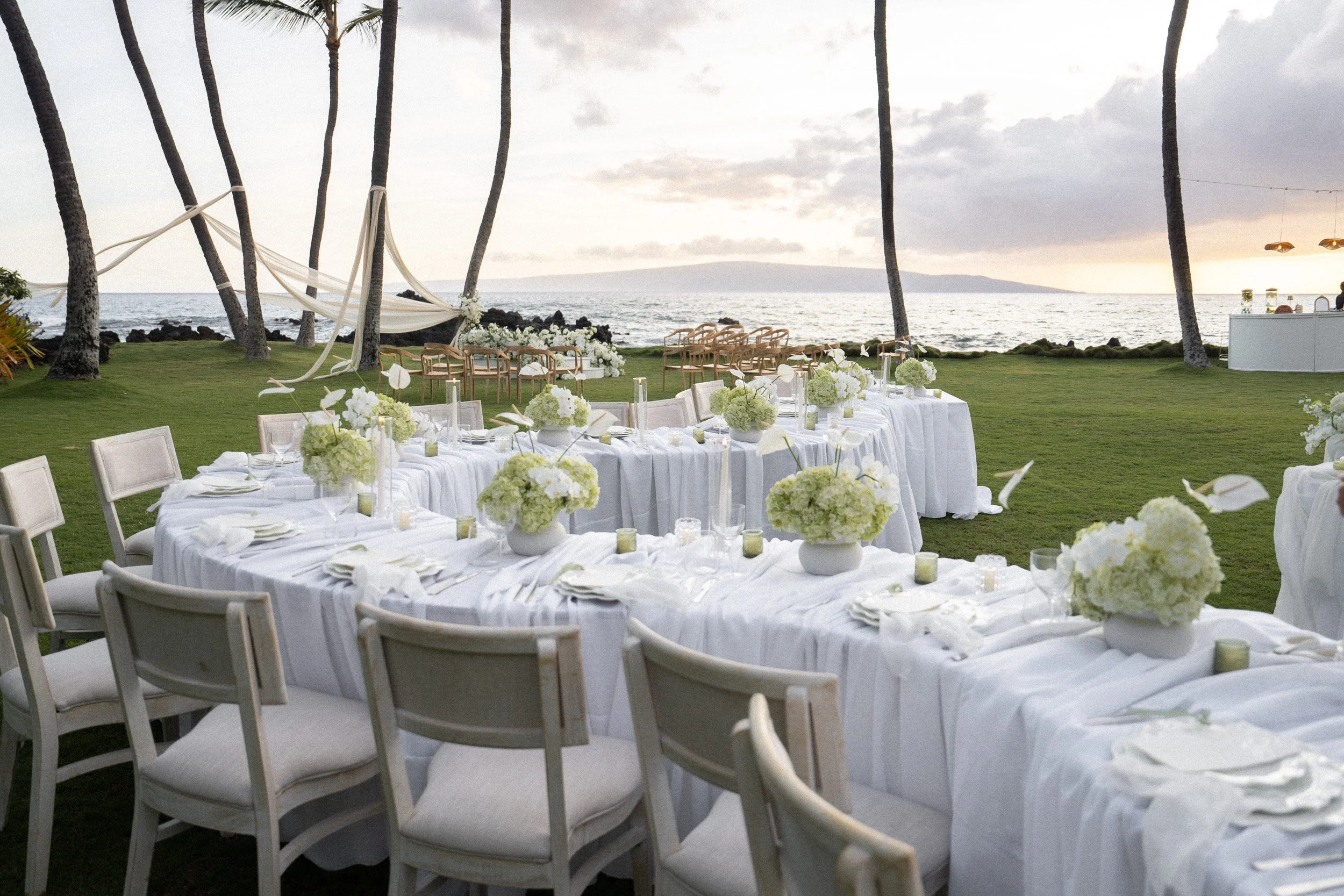 A beachside outdoor wedding setup with long white decorated tables and chairs, surrounded by palm trees, overlooking the ocean, with a partly cloudy sky and a mountain in the distance.