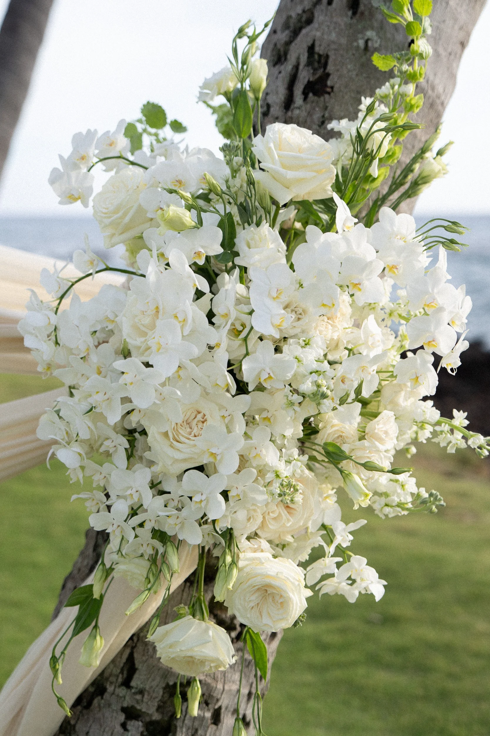 White floral arrangement attached to a tree trunk, with a grassy field and sky in the background.