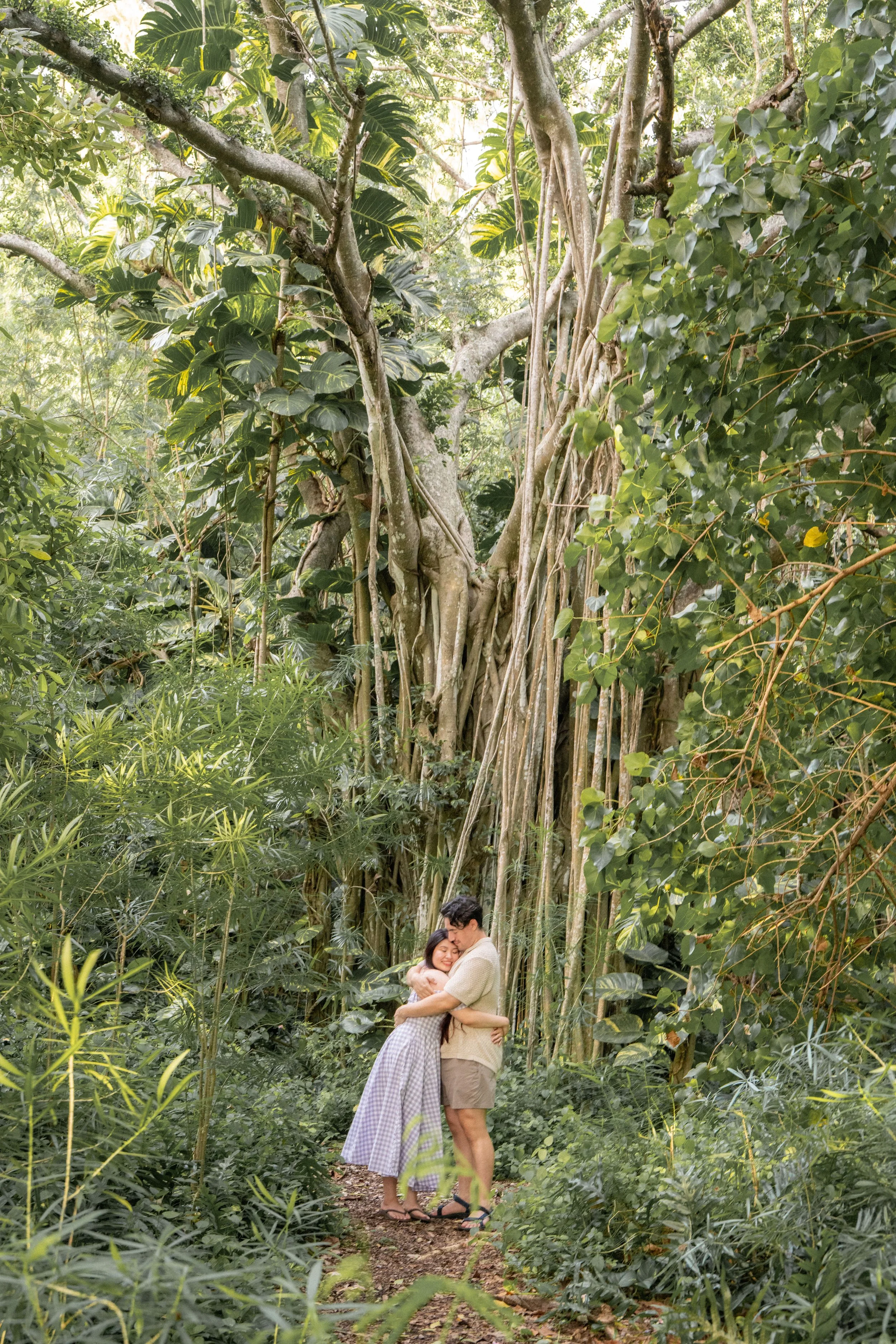 A couple hugging and smiling in a lush, green jungle filled with trees and plants.
