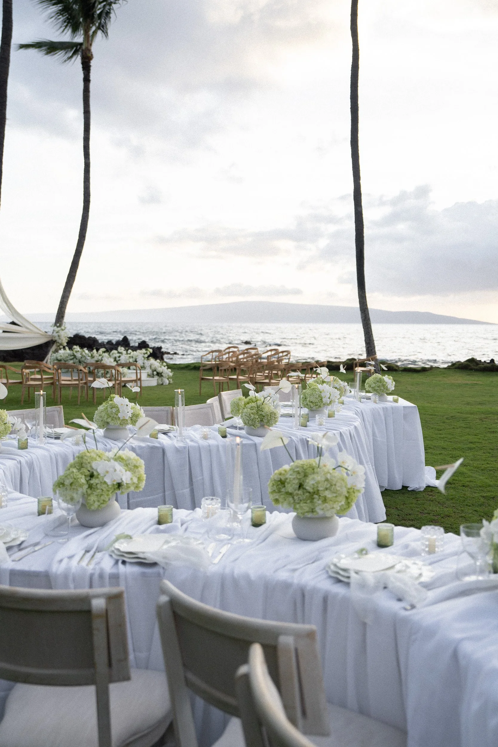 A long outdoor dining table decorated with white flowers and candles, set up on a grassy area near the ocean with palm trees and a scenic view of water and distant hills, under a cloudy sky.