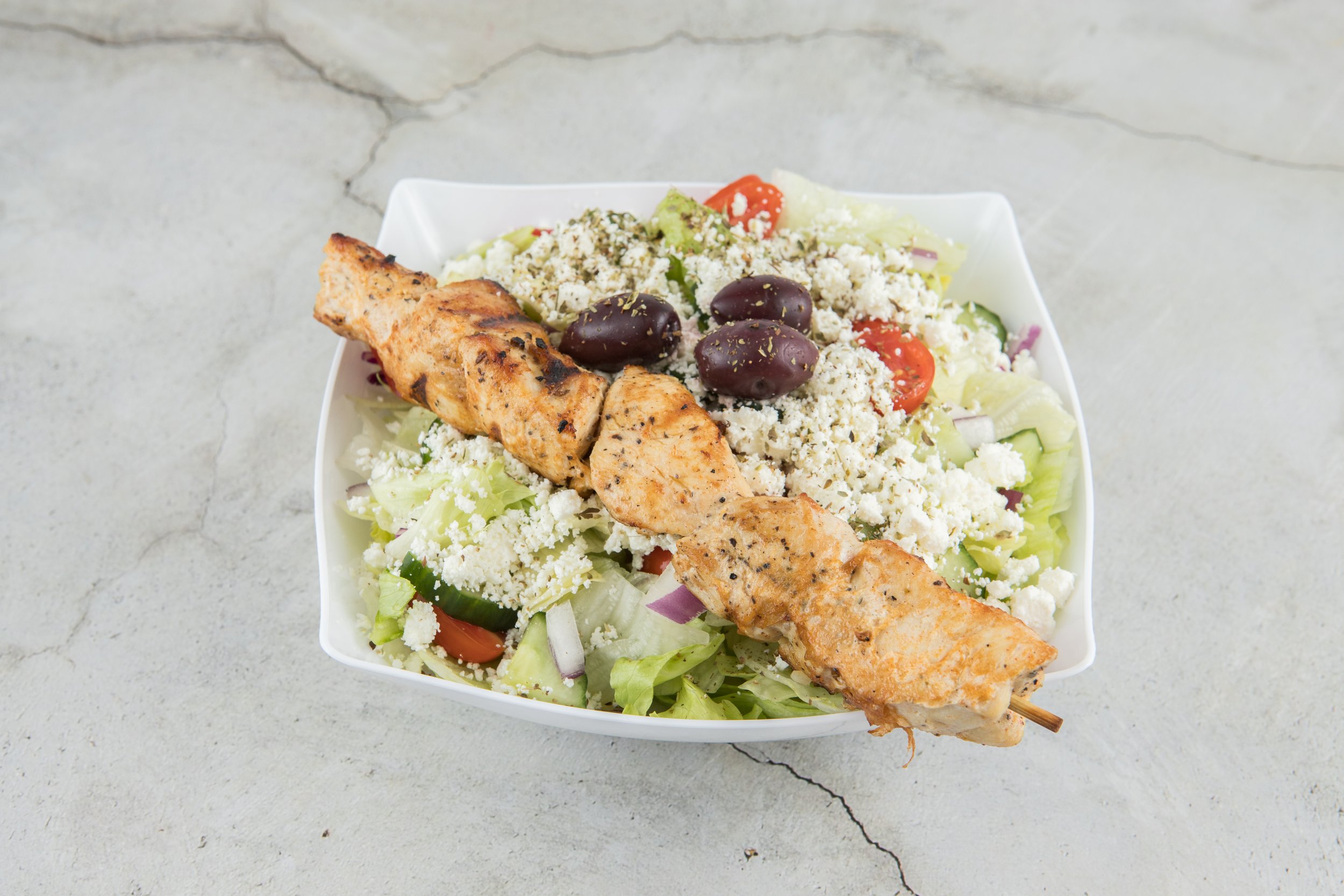 Greek Salad and Chicken Souvlaki