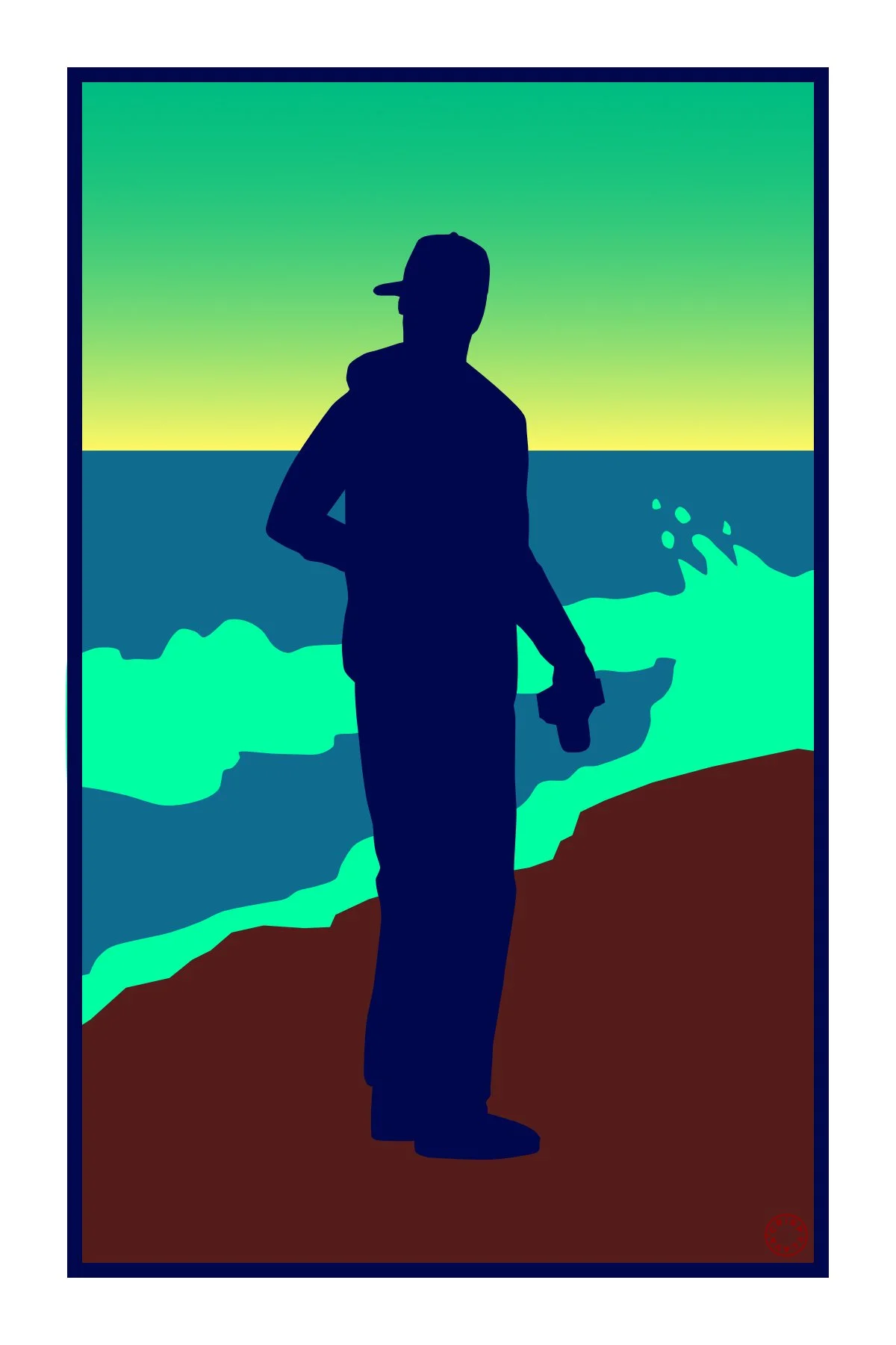 Silhouette of a man in a cap and hoodie standing on a beach with ocean waves, at sunset or sunrise.