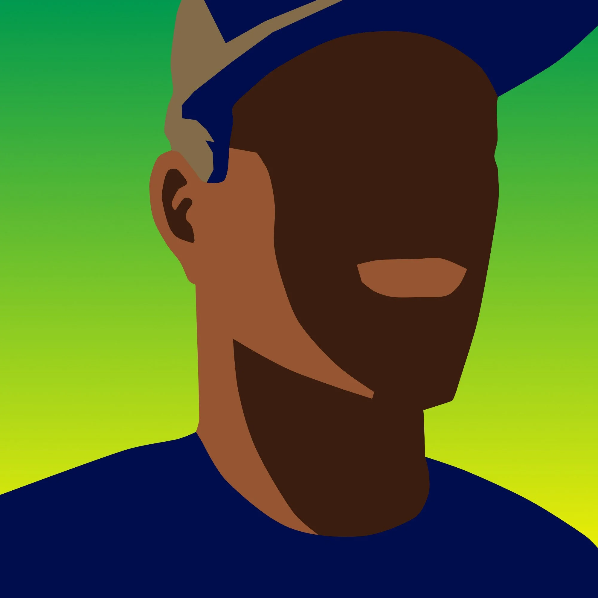 Digital illustration of a person wearing a cap and a navy blue shirt, with a blurred green background.