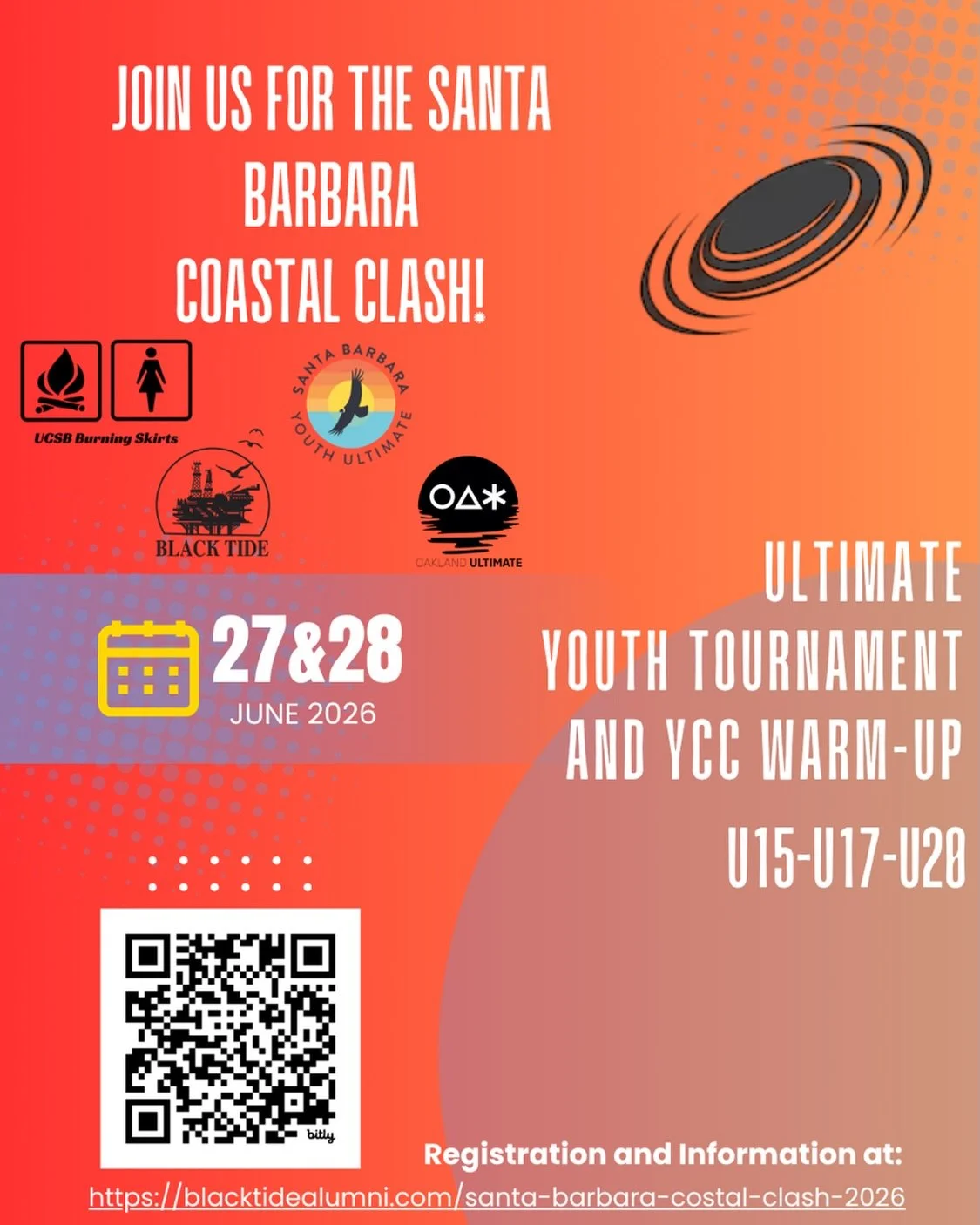 Join us in SB for a YCC warm-up!  More info at the link:  https://blacktidealumni.com/santa-barbara-costal-clash-2026 or email tournaments@oakultimate.com @scyunow @krakens_ultimate @discnw @padaultimate @triangleulty @altitudeultimate @cocutthroatul