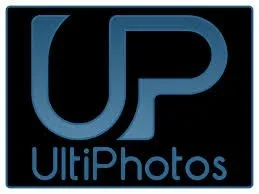 Logo of UltraPhotos with a black background and blue text.